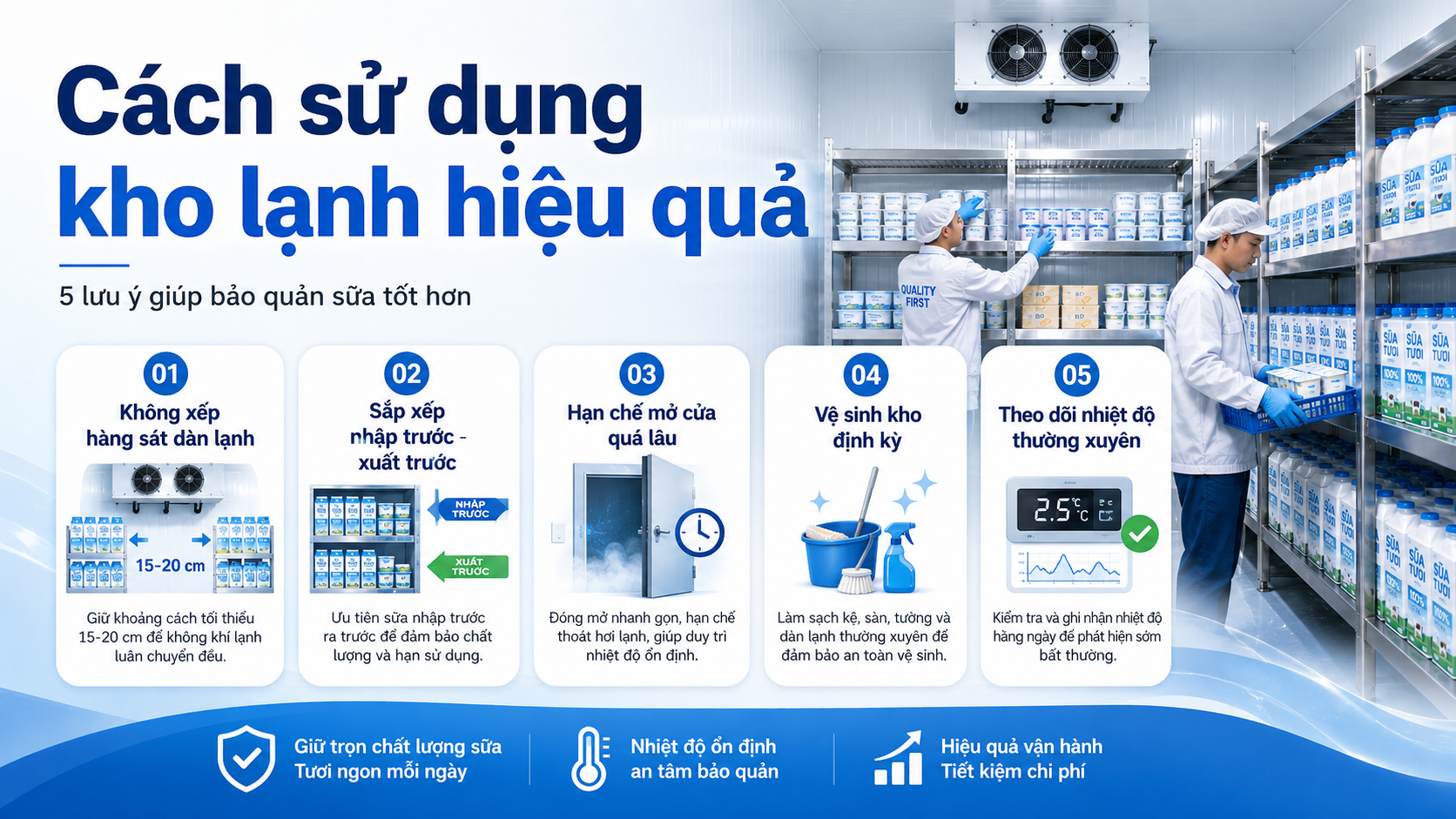 Hướng dẫn sử dụng kho lạnh bảo quản sữa hiệu quả với cách sắp xếp hàng hóa, vệ sinh kho và theo dõi nhiệt độ thường xuyên.