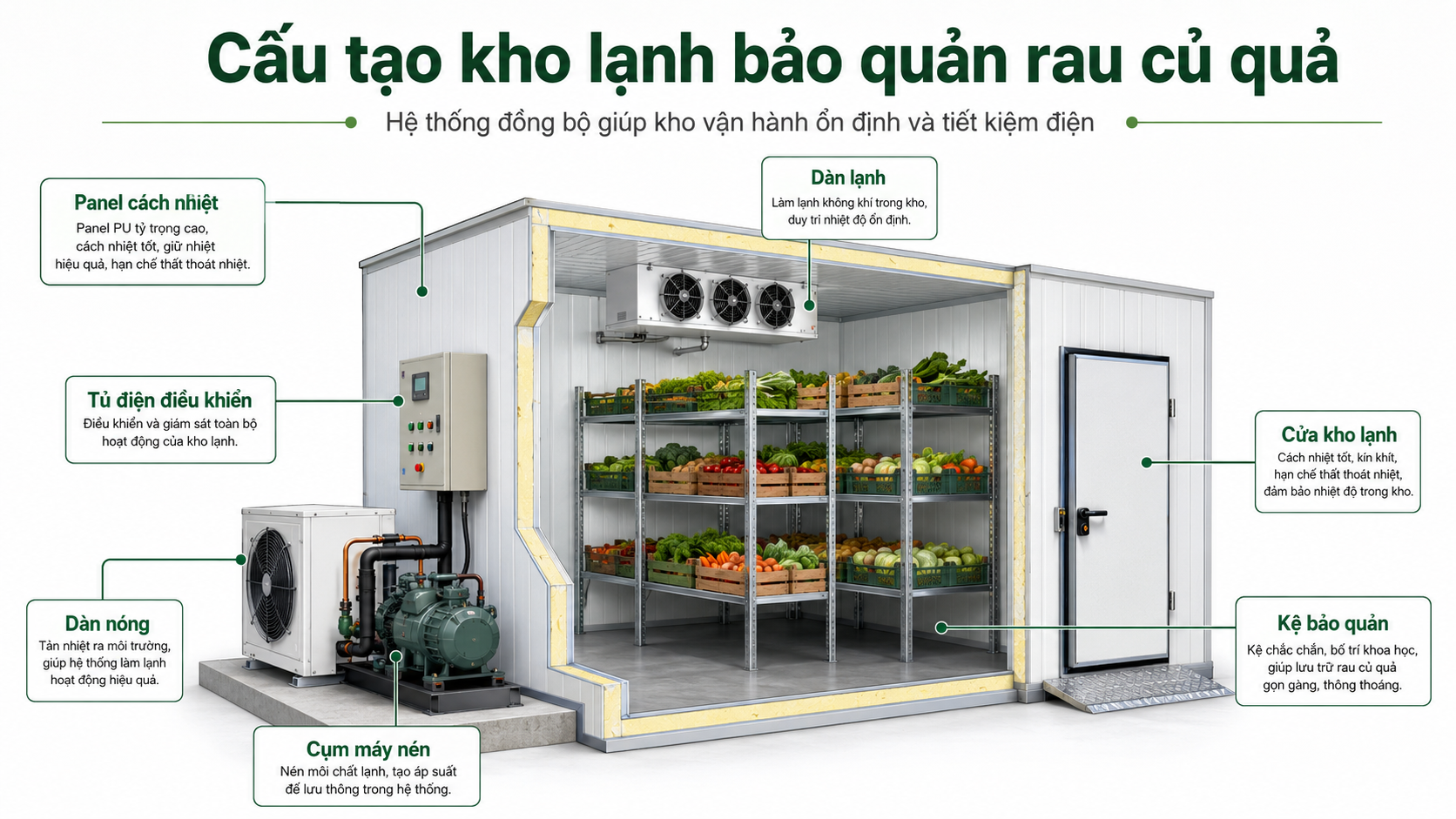 Cấu tạo kho lạnh bảo quản rau củ quả gồm panel cách nhiệt, cụm máy nén, dàn lạnh và tủ điện điều khiển