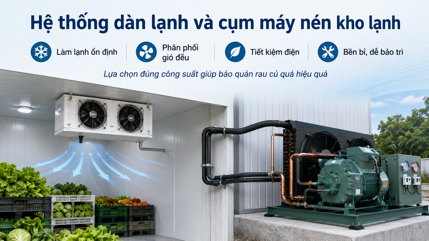 Hệ thống dàn lạnh và cụm máy nén kho lạnh giúp làm lạnh ổn định cho rau củ quả
