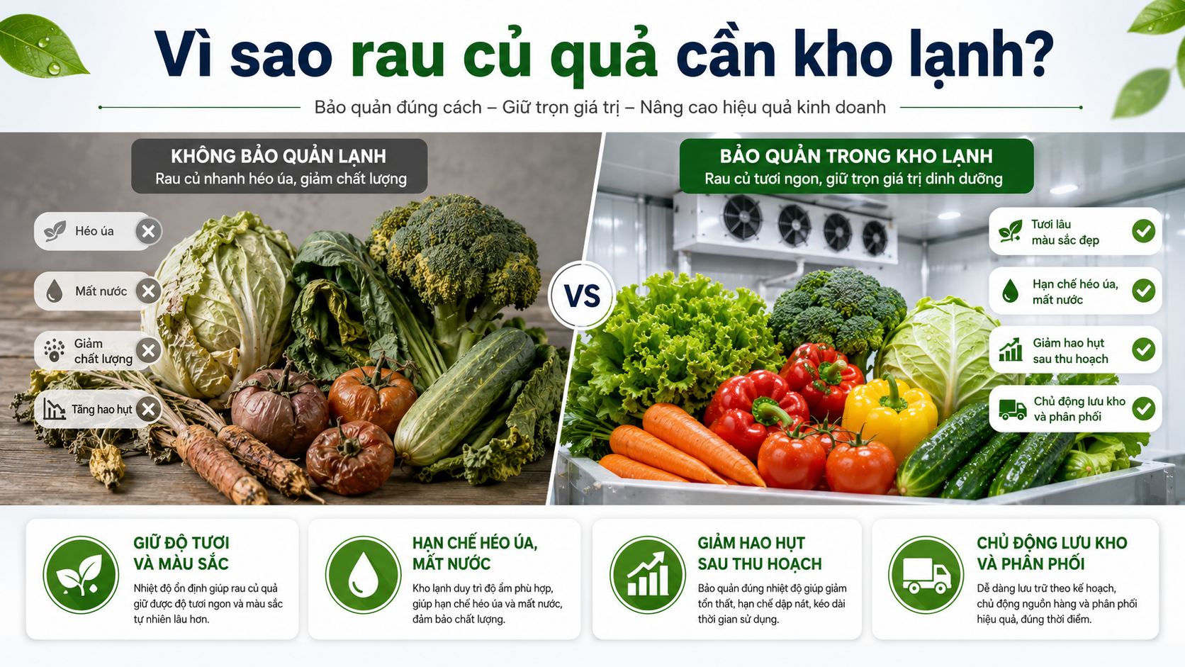 Lợi ích của kho lạnh bảo quản rau củ quả giúp giữ độ tươi, hạn chế héo úa và giảm hao hụt