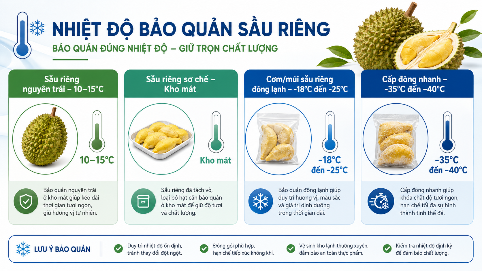 Nhiệt độ bảo quản sầu riêng nguyên trái và cơm sầu riêng đông lạnh