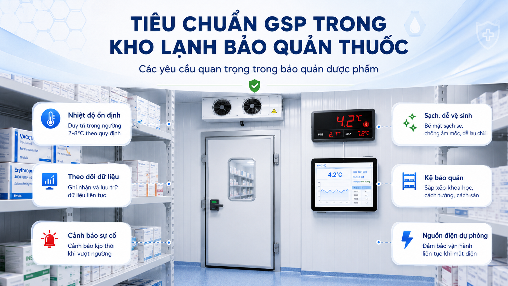 Tiêu chuẩn GSP trong kho lạnh bảo quản thuốc với cảnh báo và theo dõi nhiệt độ
