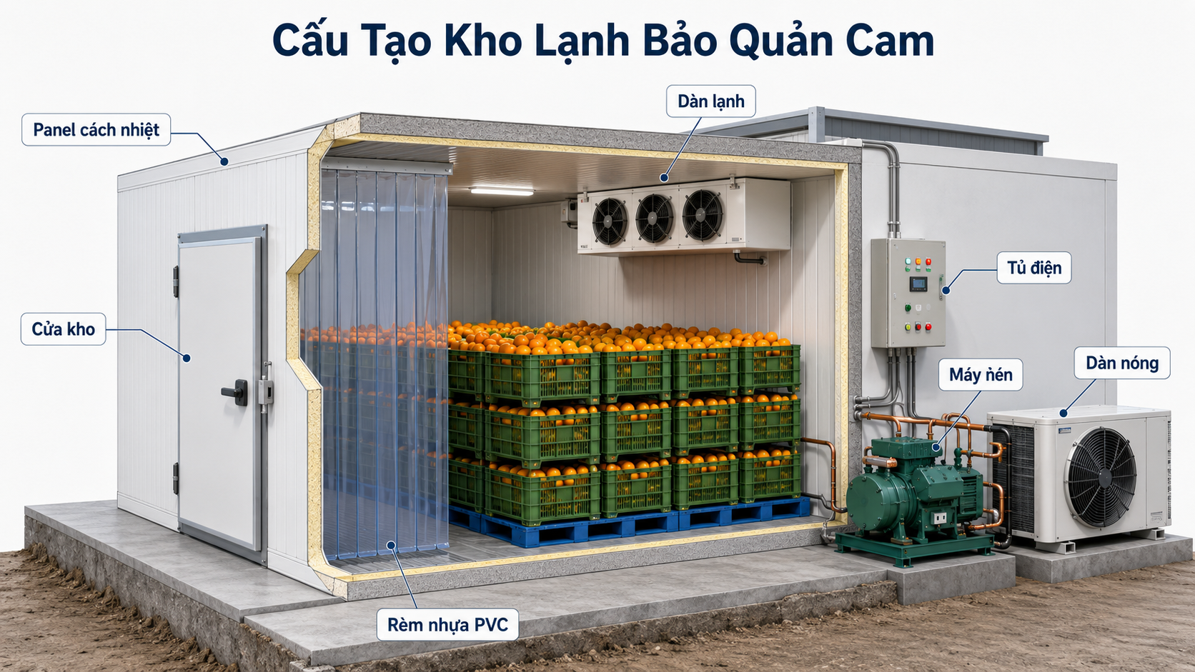 Cấu tạo kho lạnh bảo quản cam gồm panel cách nhiệt, dàn lạnh, máy nén và tủ điện