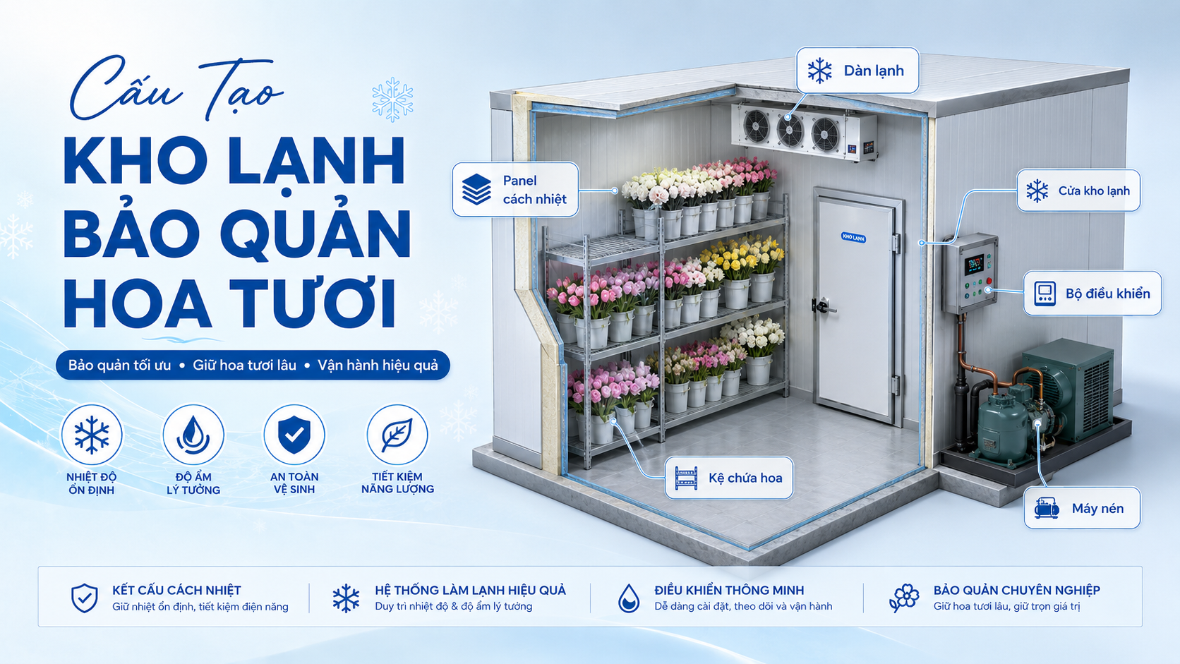 Cấu tạo kho lạnh bảo quản hoa tươi gồm panel cách nhiệt, dàn lạnh, máy nén và cửa kho
