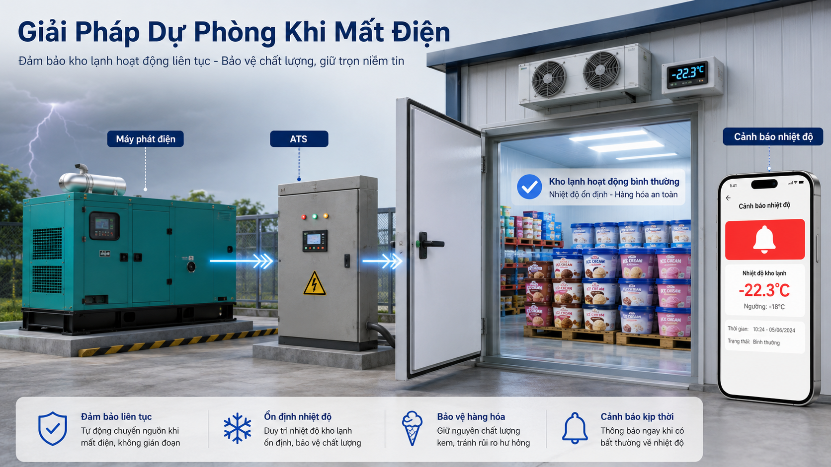 Giải pháp máy phát điện dự phòng và cảnh báo nhiệt độ cho kho lạnh bảo quản kem khi mất điện