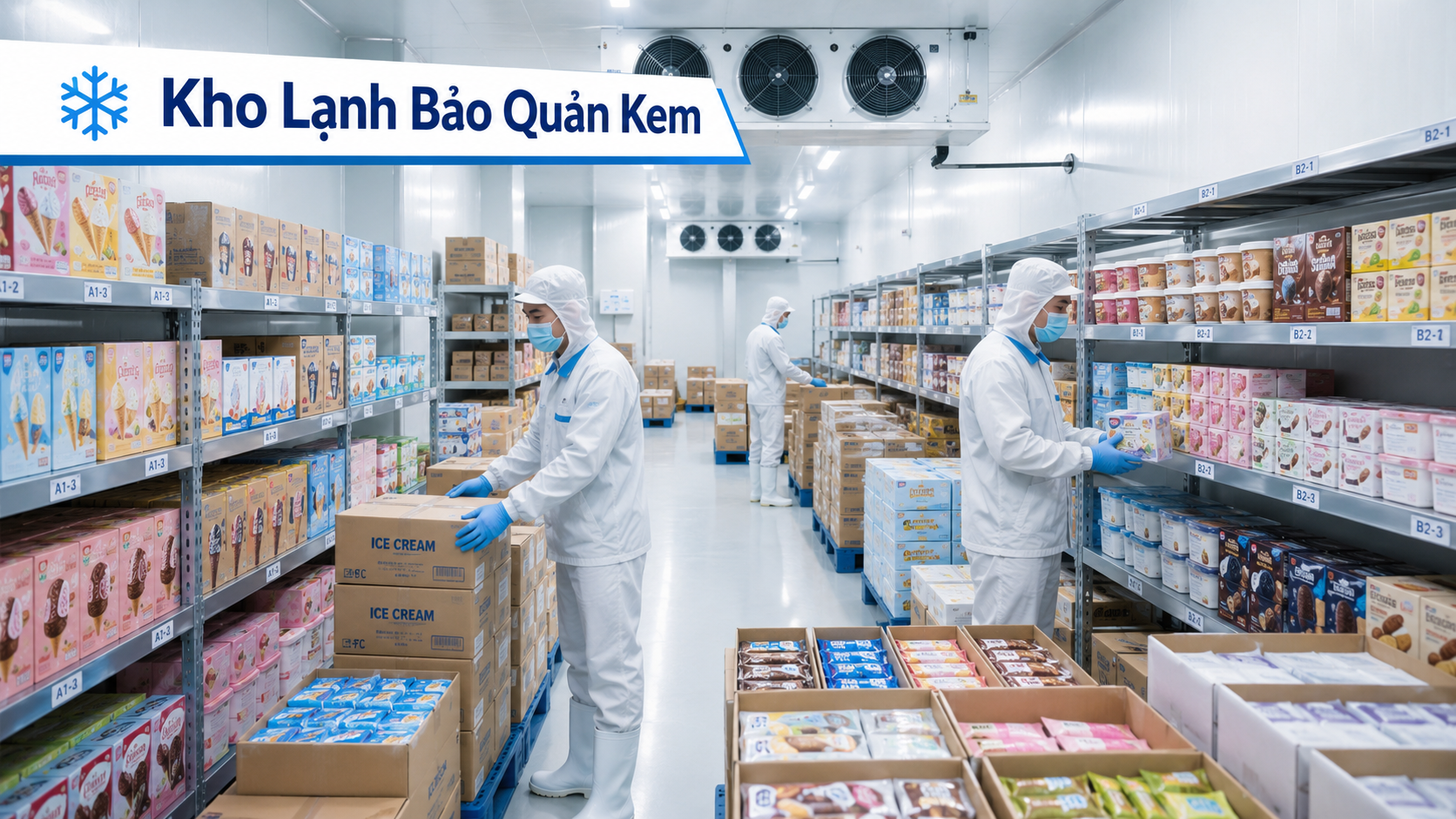 Kho lạnh bảo quản kem hiện đại với kệ hàng, thùng kem và nhân viên sắp xếp sản phẩm