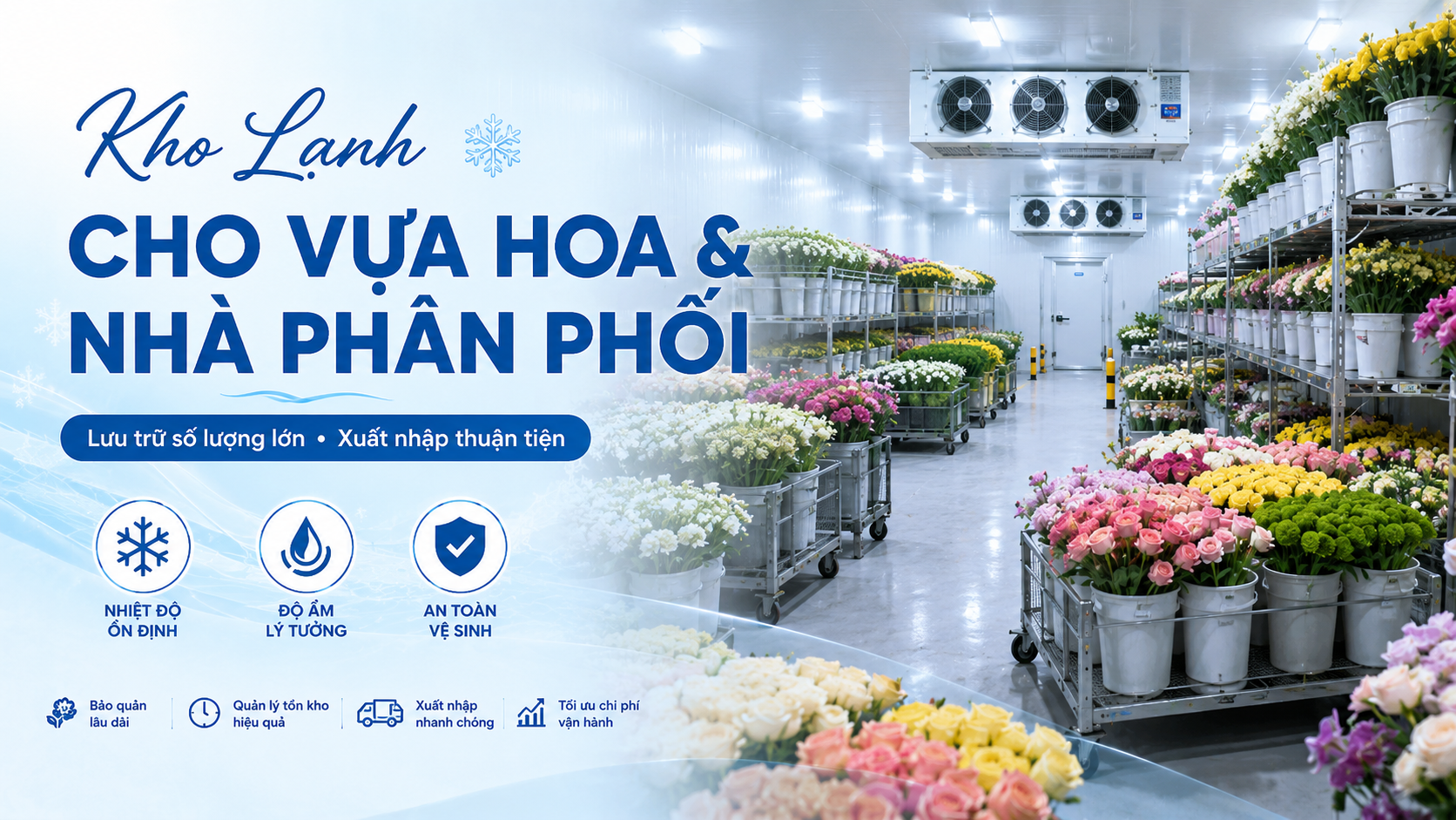 Kho lạnh cho vựa hoa và nhà phân phối giúp lưu trữ số lượng lớn và xuất nhập hoa thuận tiện