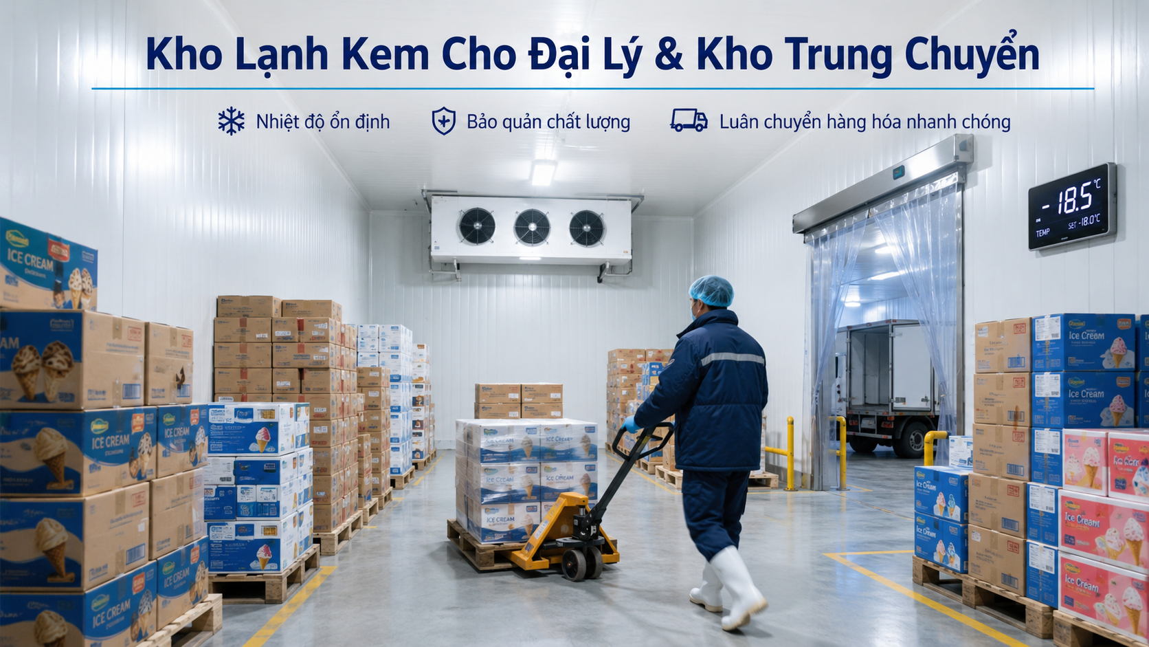 Kho lạnh kem cho đại lý và kho trung chuyển với pallet hàng, rèm nhựa PVC và xe đẩy hàng