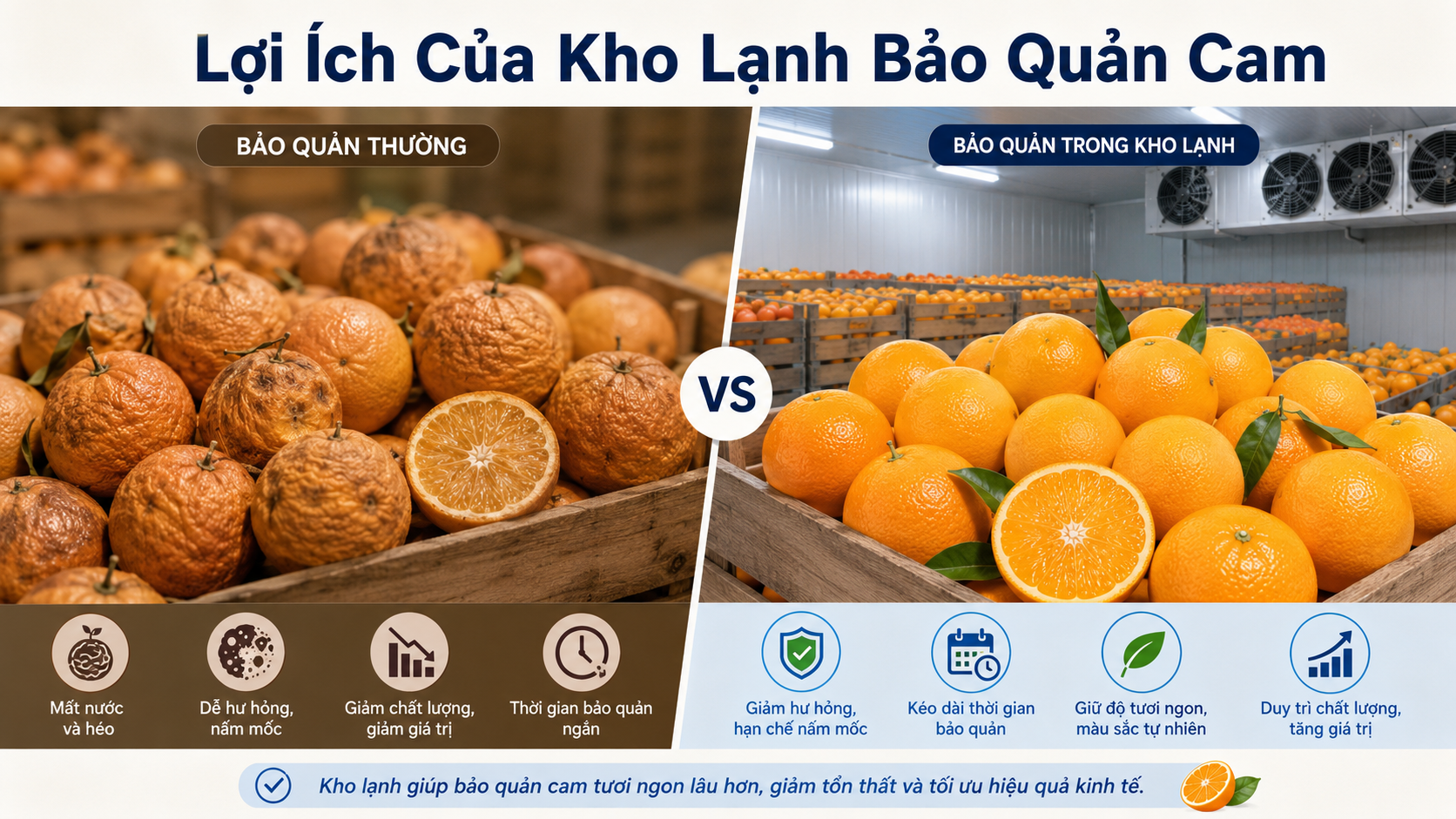 So sánh cam bảo quản thường và cam bảo quản trong kho lạnh giúp giữ tươi lâu hơn