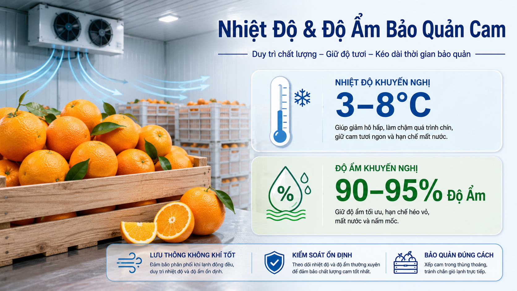 Nhiệt độ và độ ẩm bảo quản cam trong kho lạnh giúp hạn chế héo vỏ và mất nước