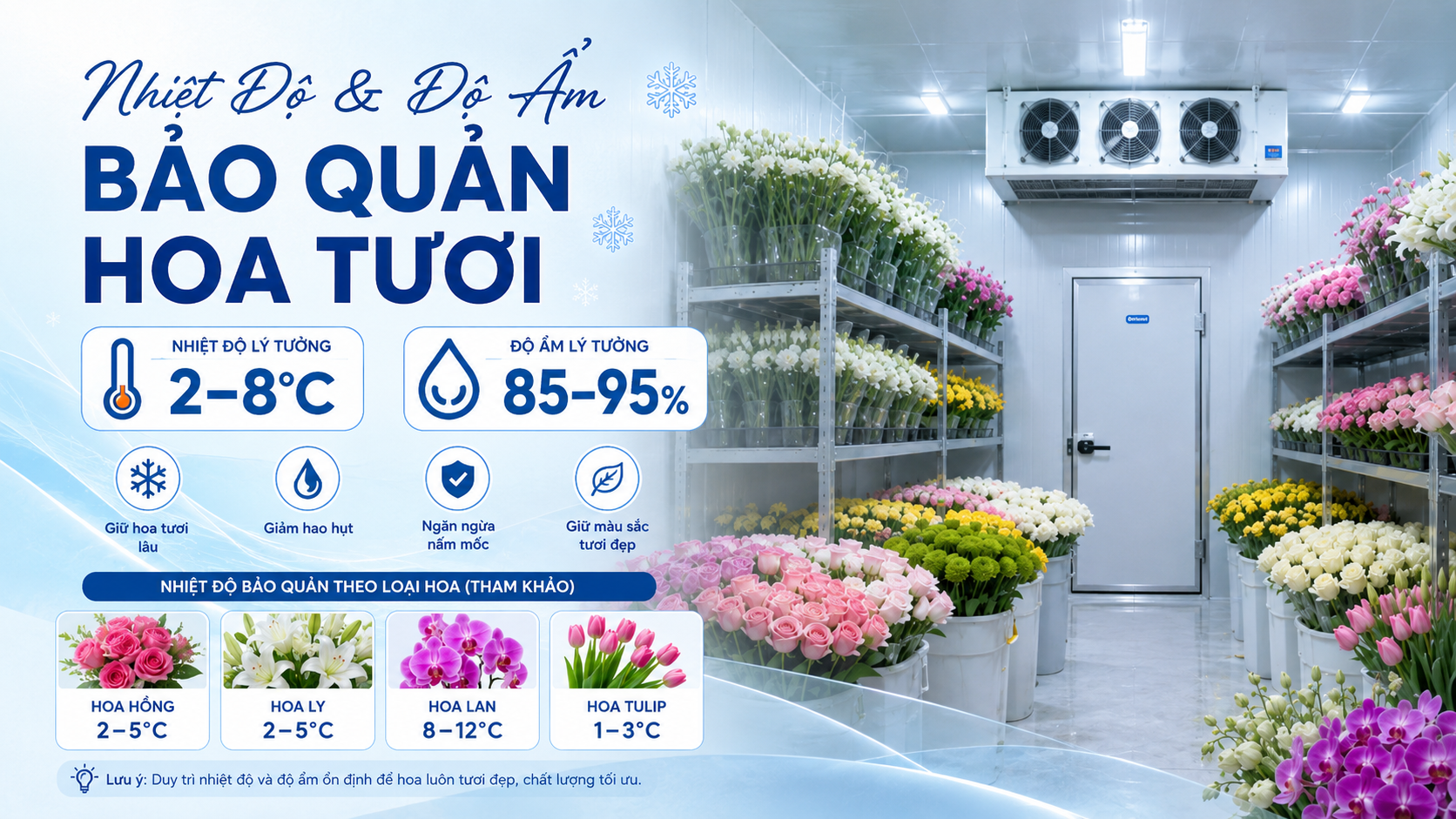 Nhiệt độ và độ ẩm lý tưởng trong kho lạnh bảo quản hoa tươi từ 2 đến 8 độ C