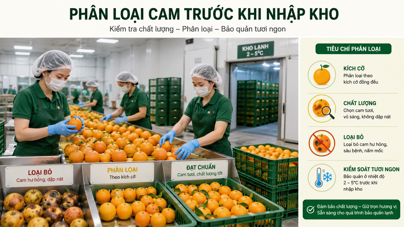 Phân loại cam trước khi nhập kho lạnh để loại bỏ trái dập nát và sâu bệnh