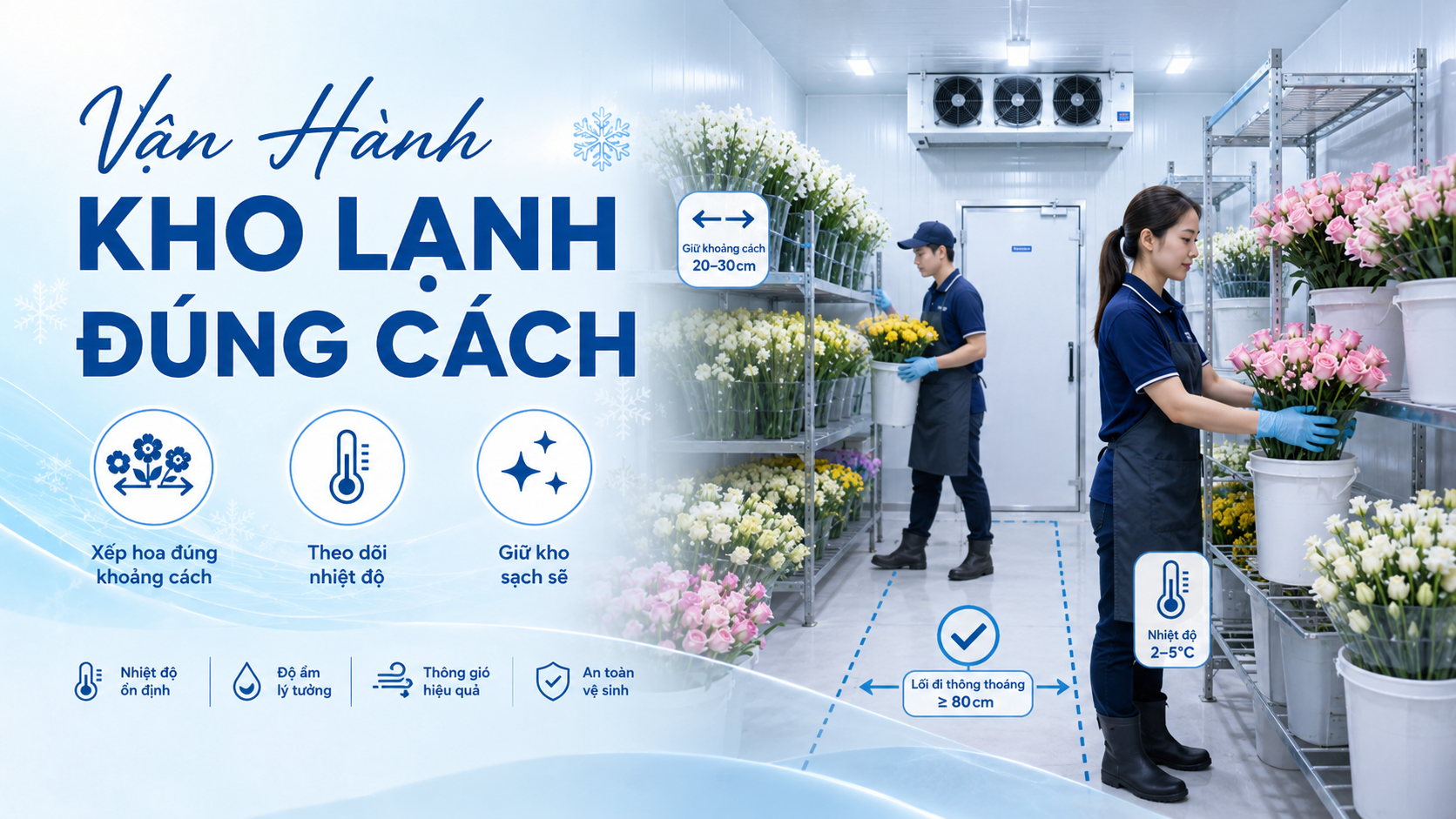 Vận hành kho lạnh hoa tươi đúng cách với khoảng cách xếp hoa hợp lý và nhiệt độ ổn định