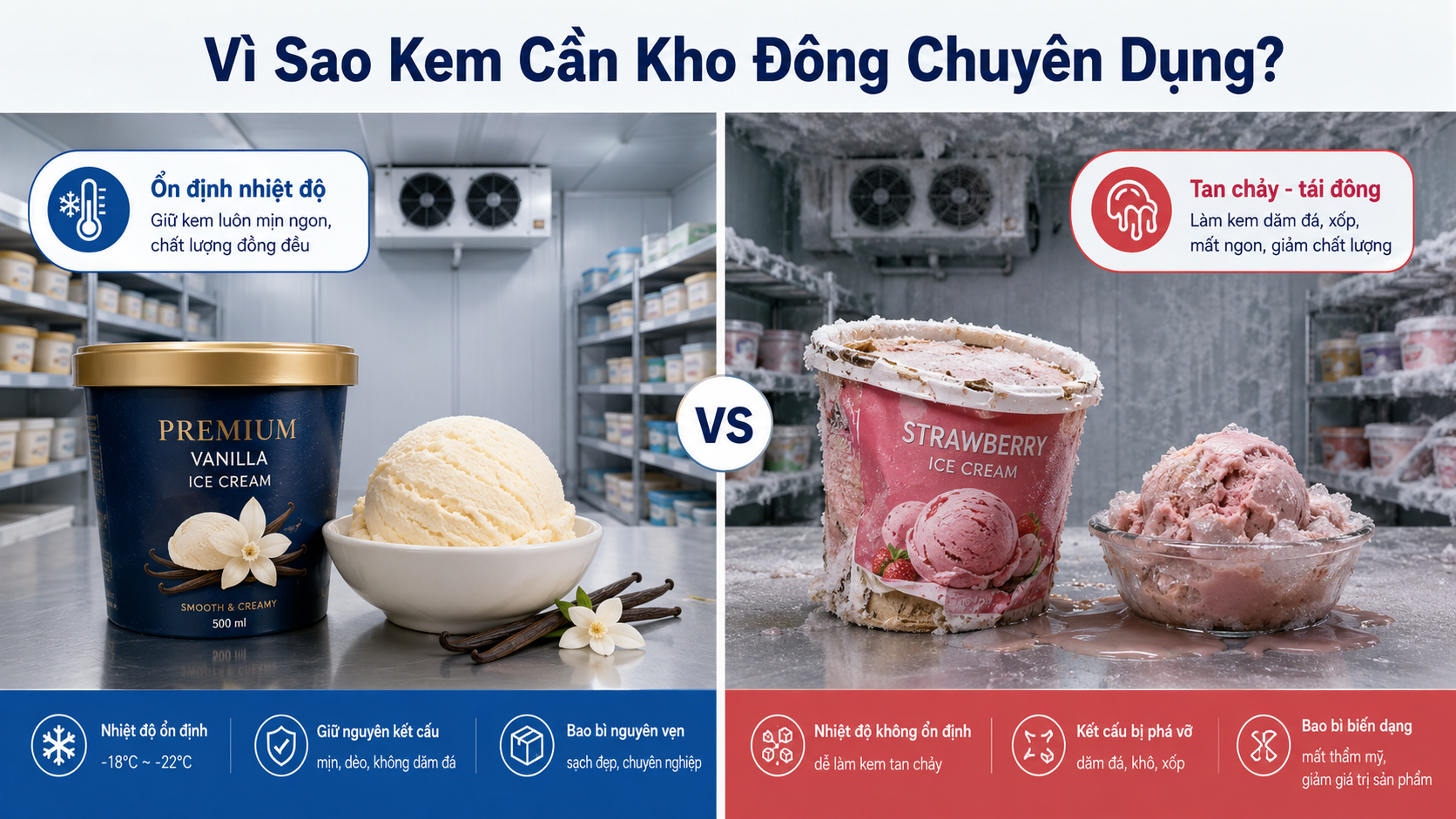 So sánh kem bảo quản trong kho đông ổn định và kem bị tan chảy tái đông do nhiệt độ không đạt