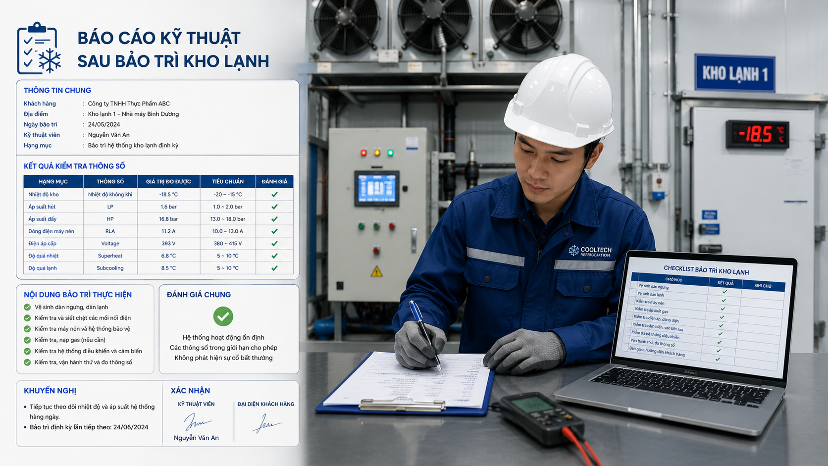 Mẫu báo cáo kỹ thuật sau bảo trì kho lạnh với thông số kiểm tra, hạng mục thực hiện và khuyến nghị vận hành.