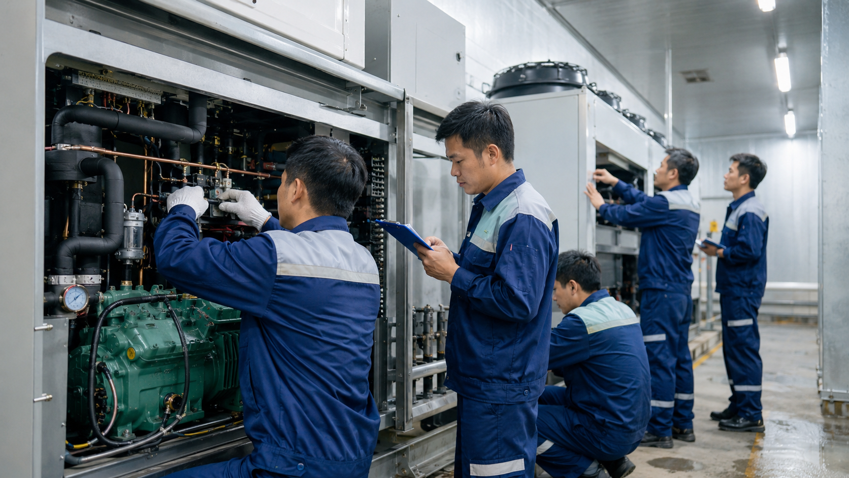 Đội ngũ kỹ thuật viên thực hiện bảo trì hệ thống kho lạnh công nghiệp và kiểm tra cụm máy nén.