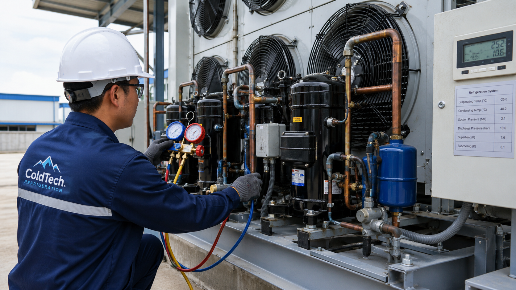 Kỹ thuật viên kiểm tra áp suất gas, cụm máy nén và dàn nóng của hệ thống kho lạnh.
