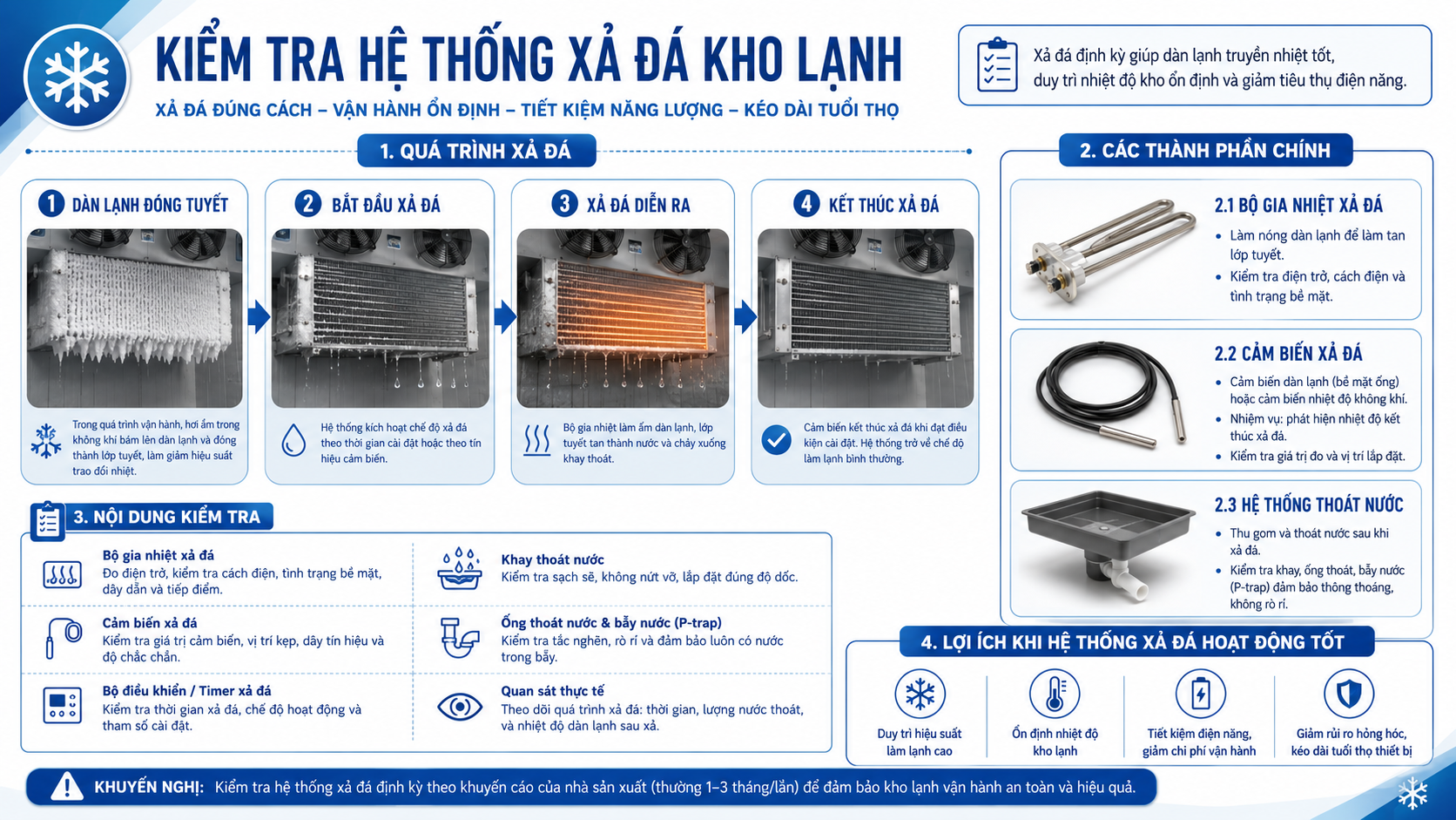 Infographic hướng dẫn kiểm tra hệ thống xả đá kho lạnh gồm dàn lạnh, điện trở xả đá, cảm biến và đường thoát nước.