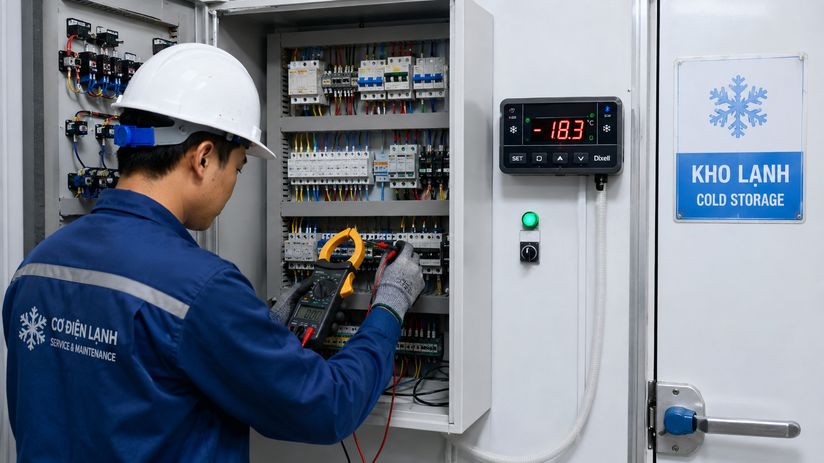 Kỹ thuật viên kiểm tra tủ điện kho lạnh, bộ điều khiển nhiệt độ và thiết bị điện.