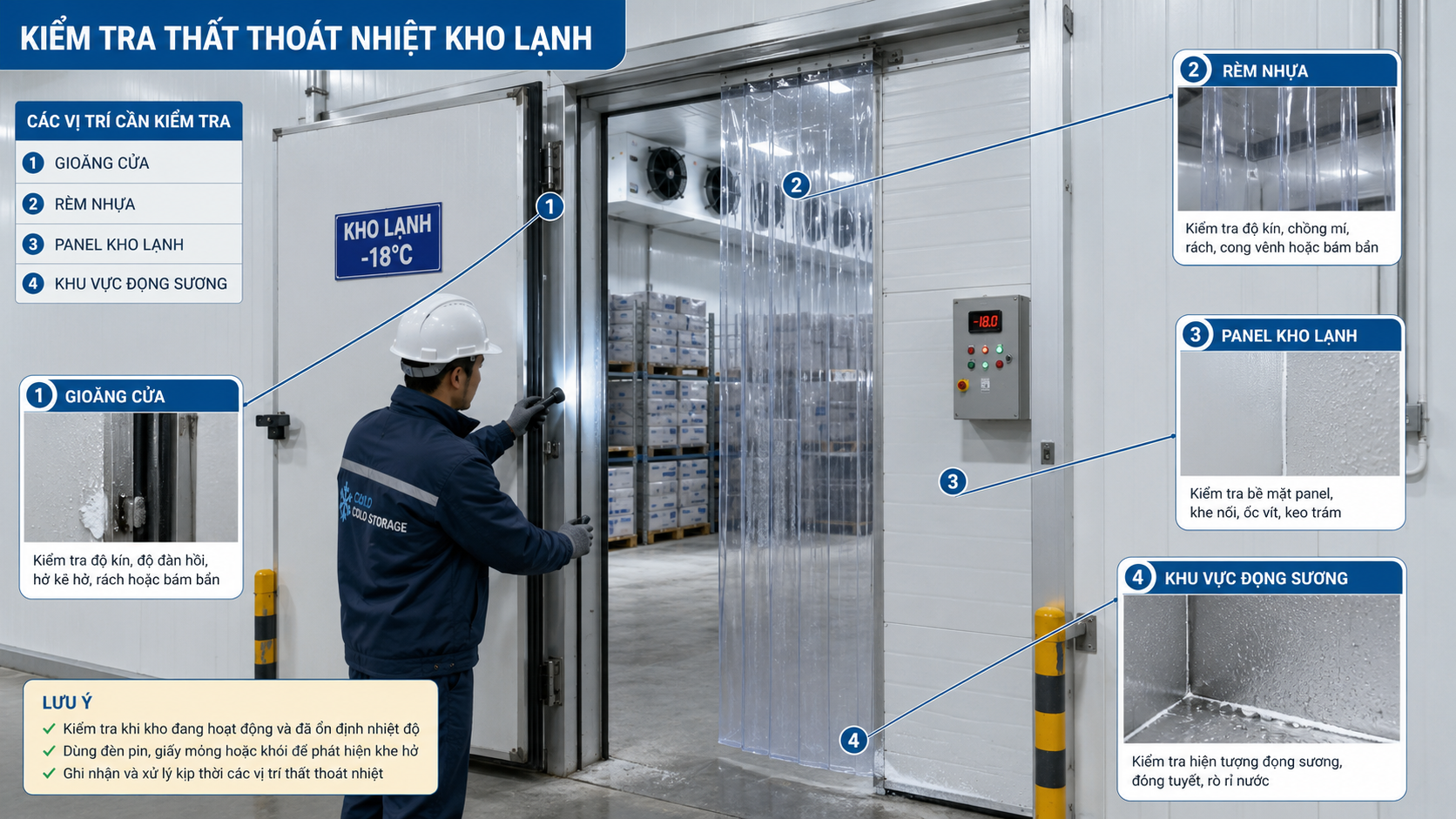 Kiểm tra thất thoát nhiệt kho lạnh tại gioăng cửa, rèm nhựa, panel cách nhiệt và khu vực đọng sương.