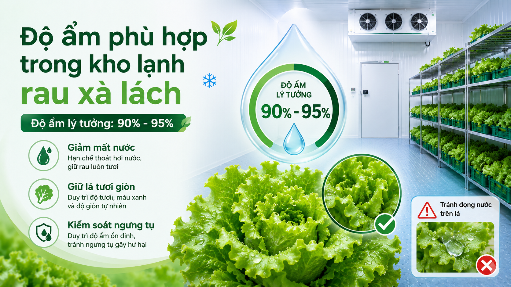 Độ ẩm phù hợp từ 90 đến 95 phần trăm giúp rau xà lách hạn chế mất nước và giữ lá tươi giòn