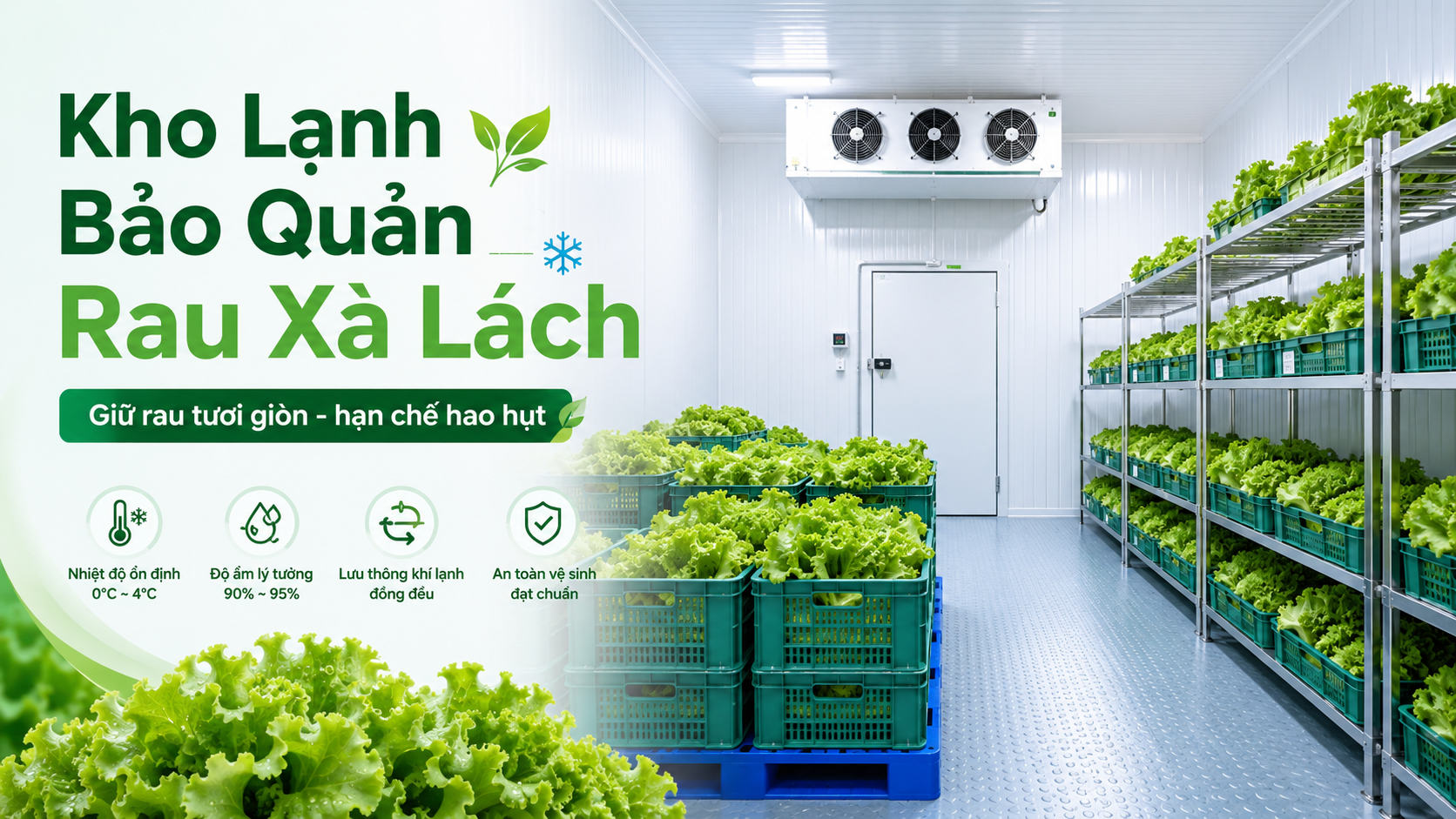 Kho lạnh bảo quản rau xà lách với thùng rau xanh tươi, kệ inox và dàn lạnh công nghiệp