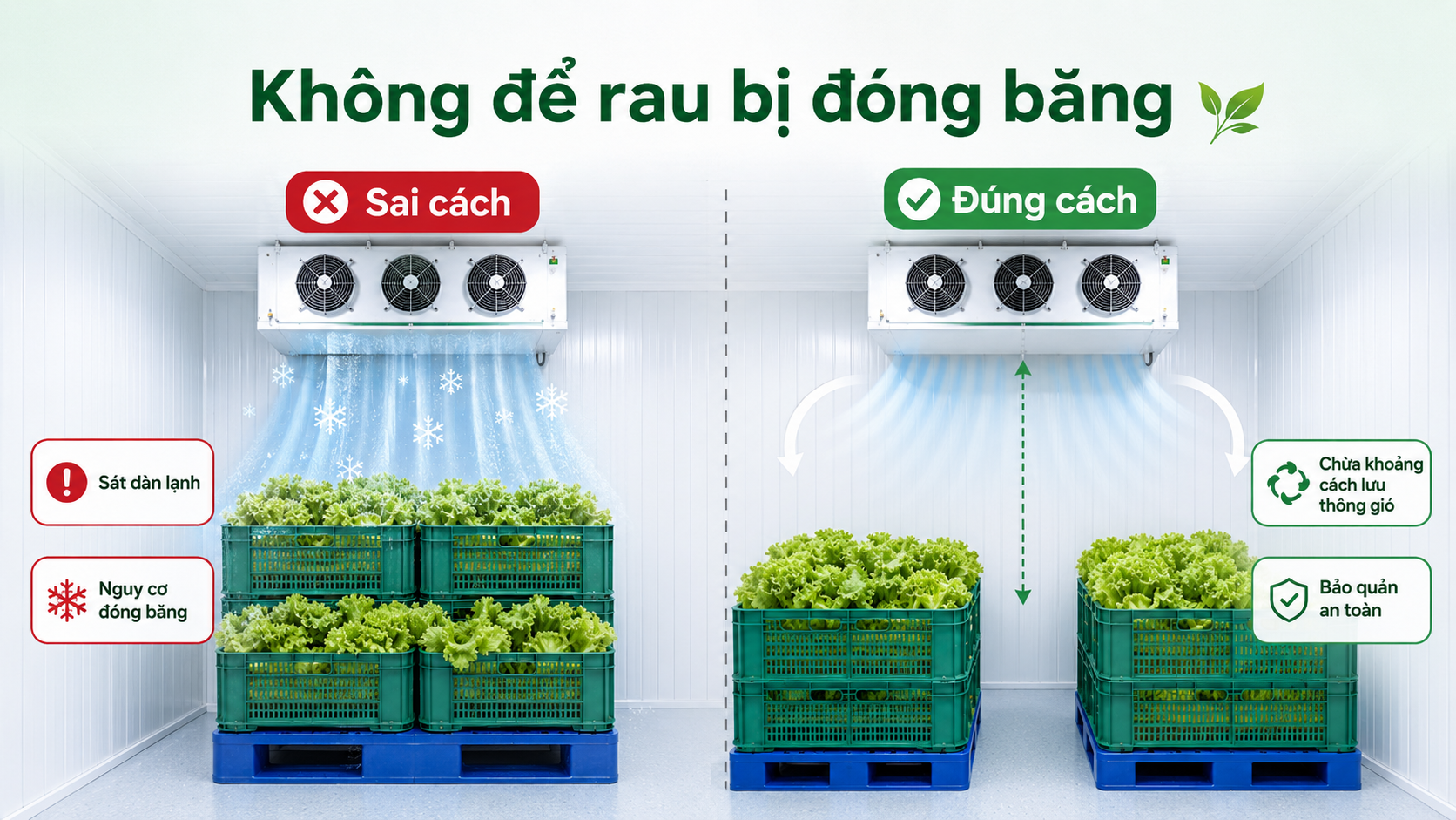 Hướng dẫn xếp rau xà lách cách xa dàn lạnh để tránh gió lạnh trực tiếp và nguy cơ đóng băng