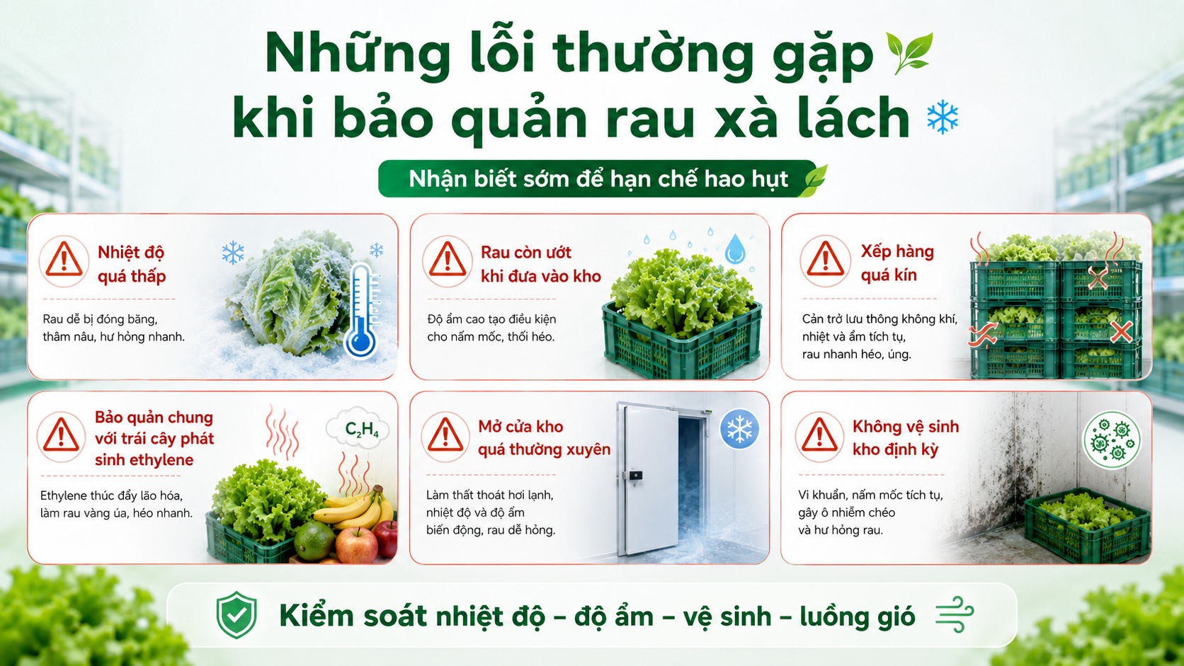 Các lỗi cần tránh khi bảo quản rau xà lách như nhiệt độ quá thấp, rau ướt và xếp hàng quá kín