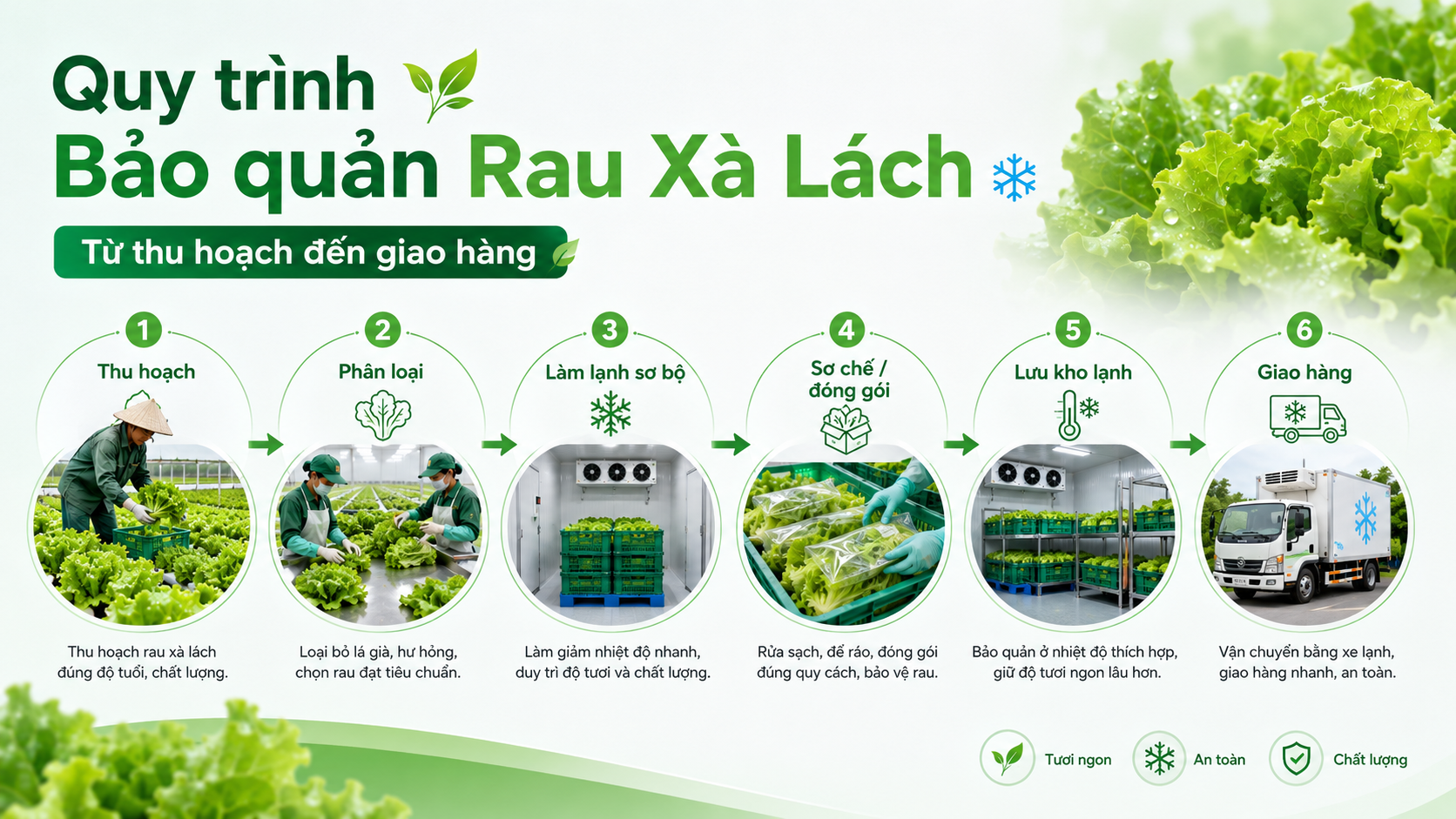 Quy trình bảo quản rau xà lách từ thu hoạch, phân loại, làm lạnh, đóng gói, lưu kho đến giao hàng