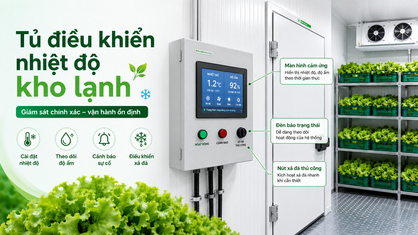 Tủ điều khiển kho lạnh theo dõi nhiệt độ và độ ẩm bảo quản rau xà lách theo thời gian thực