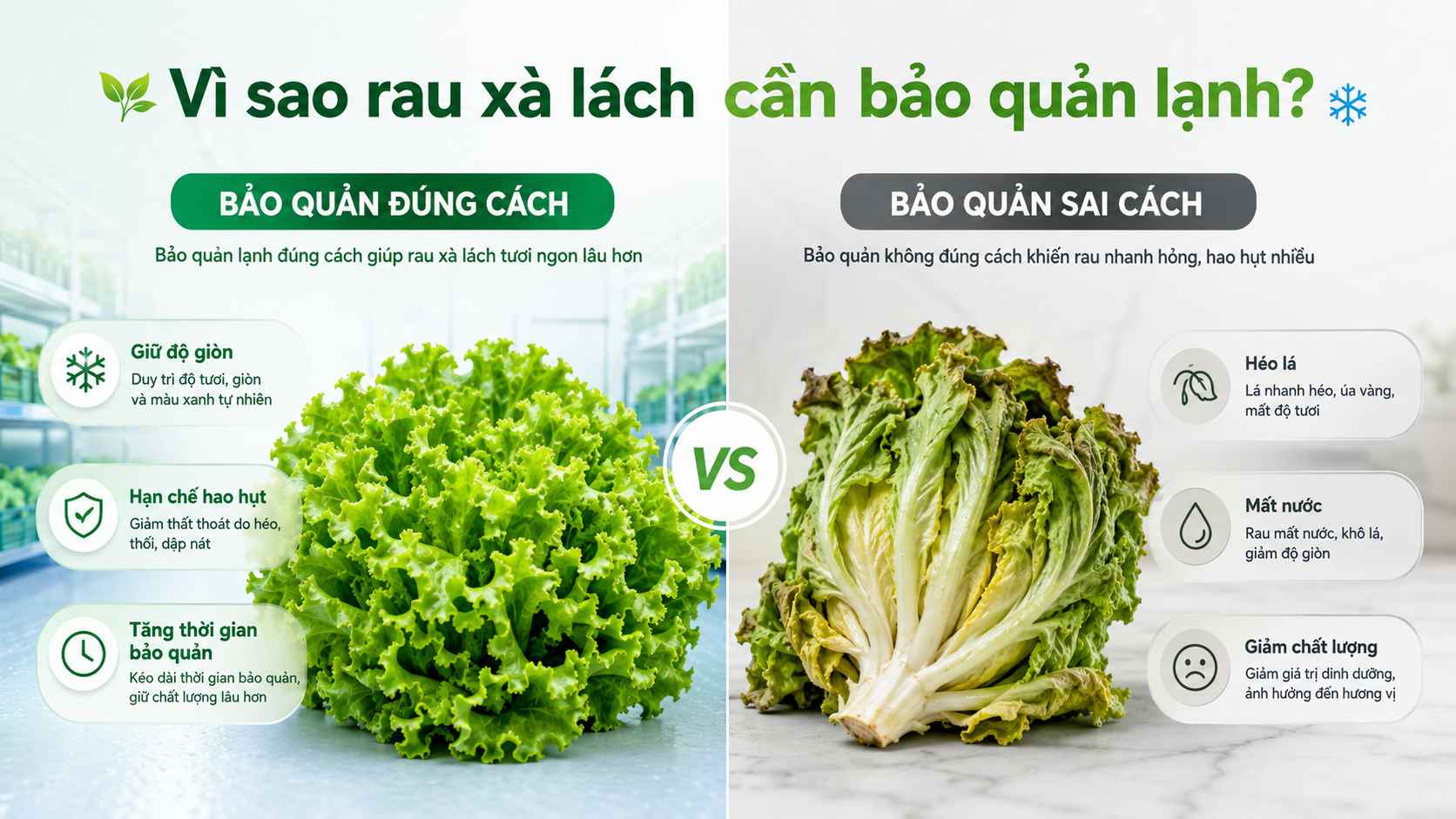 So sánh rau xà lách bảo quản lạnh đúng cách tươi giòn với rau héo do bảo quản sai cách