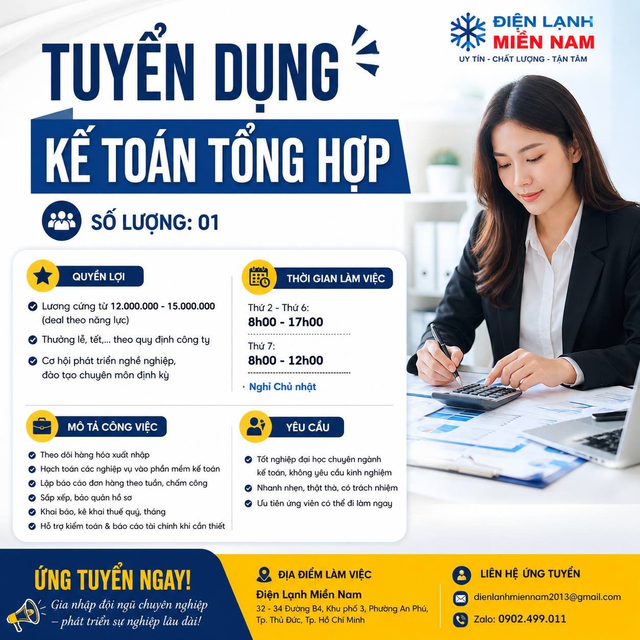 Tuyển 01 kế toán tổng hợp