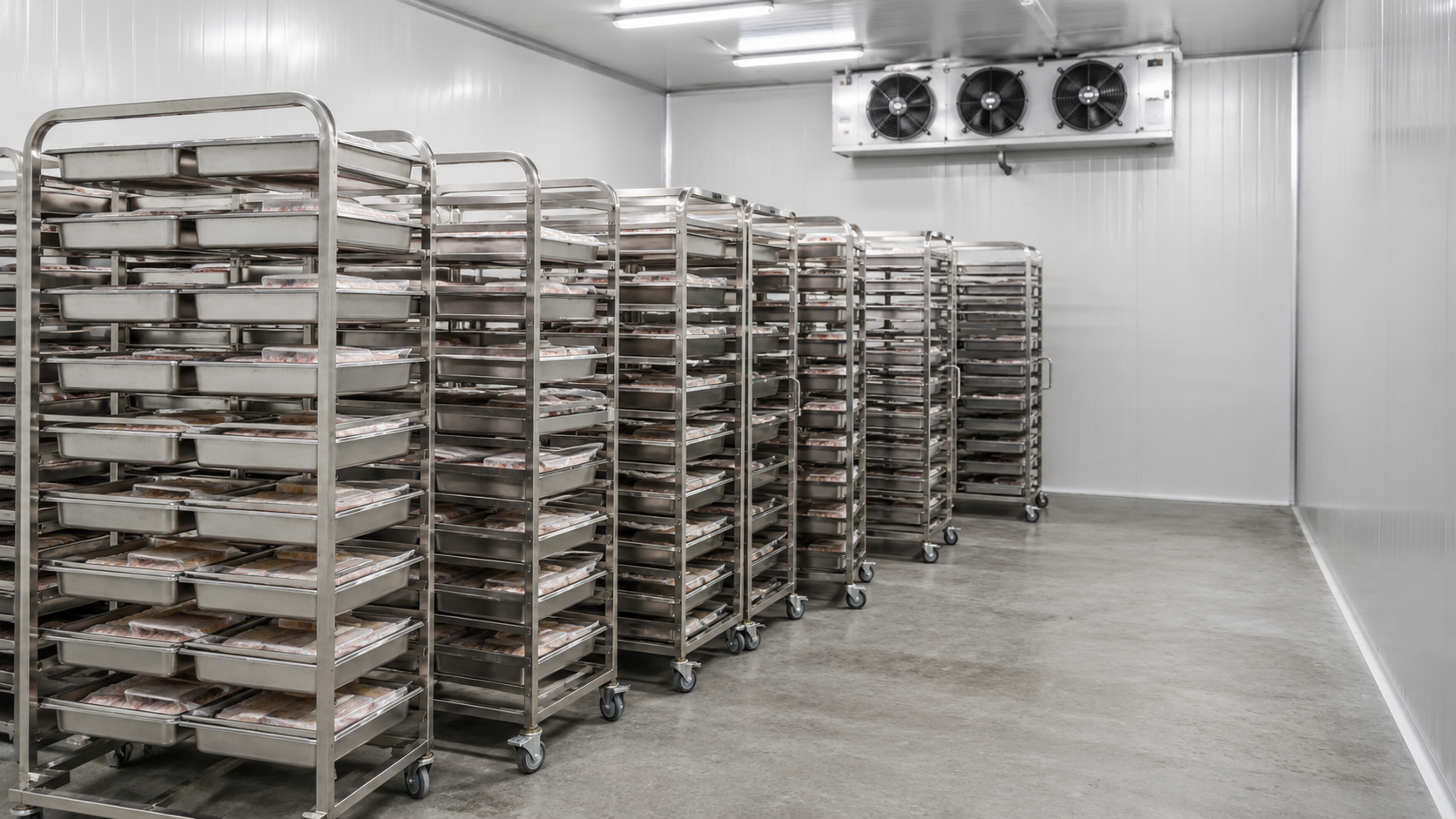 Xe đẩy khay inox chứa thực phẩm được bố trí trong hầm đông gió để cấp đông theo mẻ.