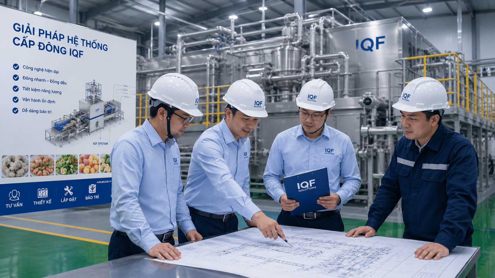 Đội ngũ kỹ thuật tư vấn thiết kế hệ thống cấp đông IQF và rà soát bản vẽ dây chuyền tại nhà máy.