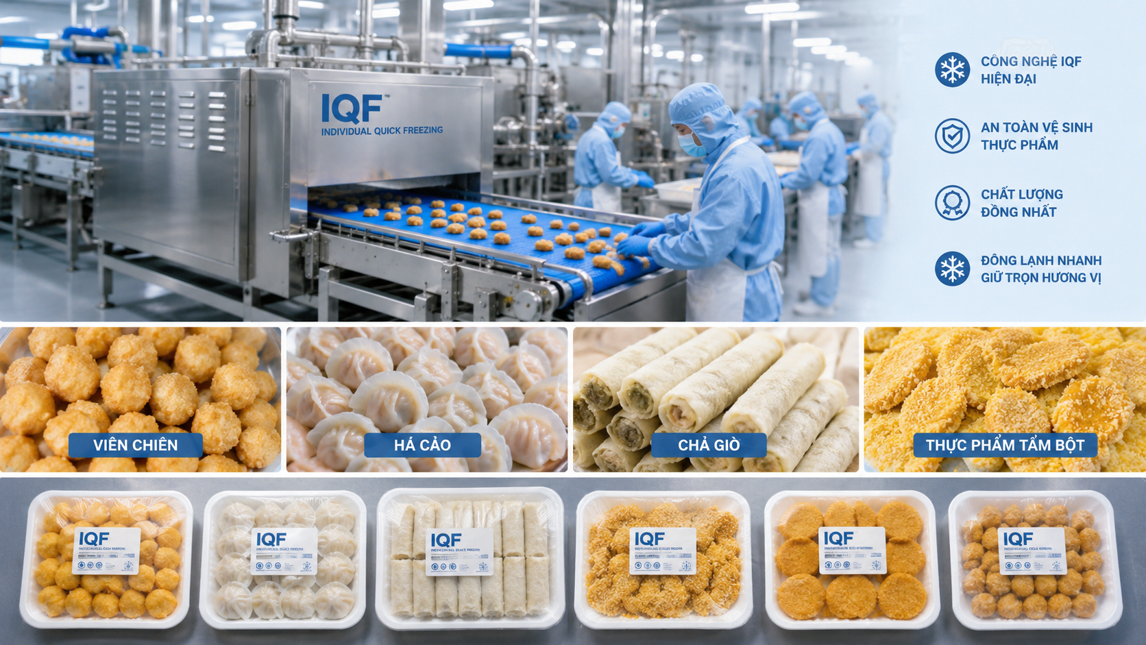Dây chuyền IQF cấp đông thực phẩm chế biến như viên chiên, há cảo, chả giò và sản phẩm tẩm bột.