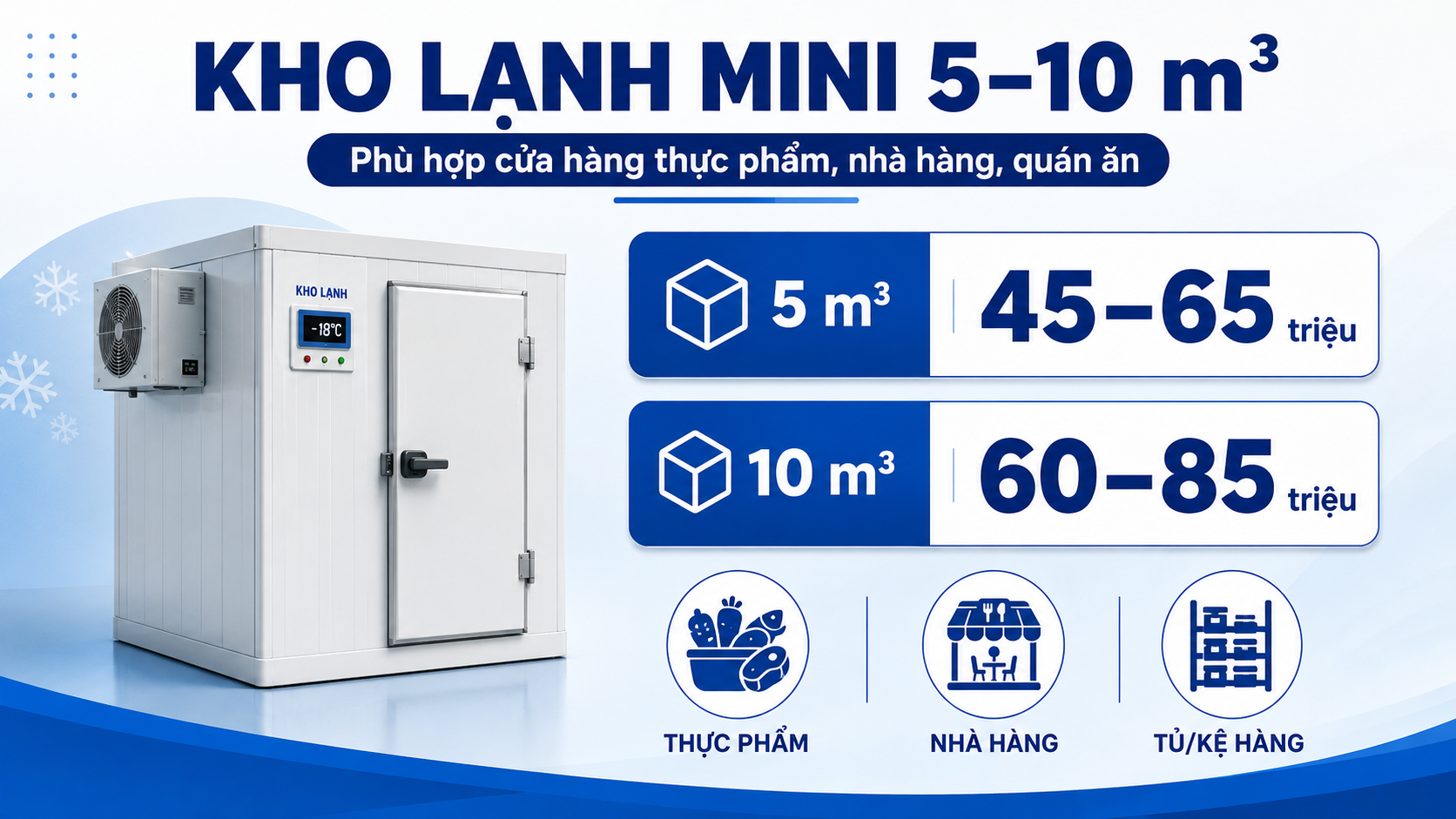 Kho lạnh mini 5 đến 10 m3 phù hợp cửa hàng thực phẩm, nhà hàng và quán ăn.