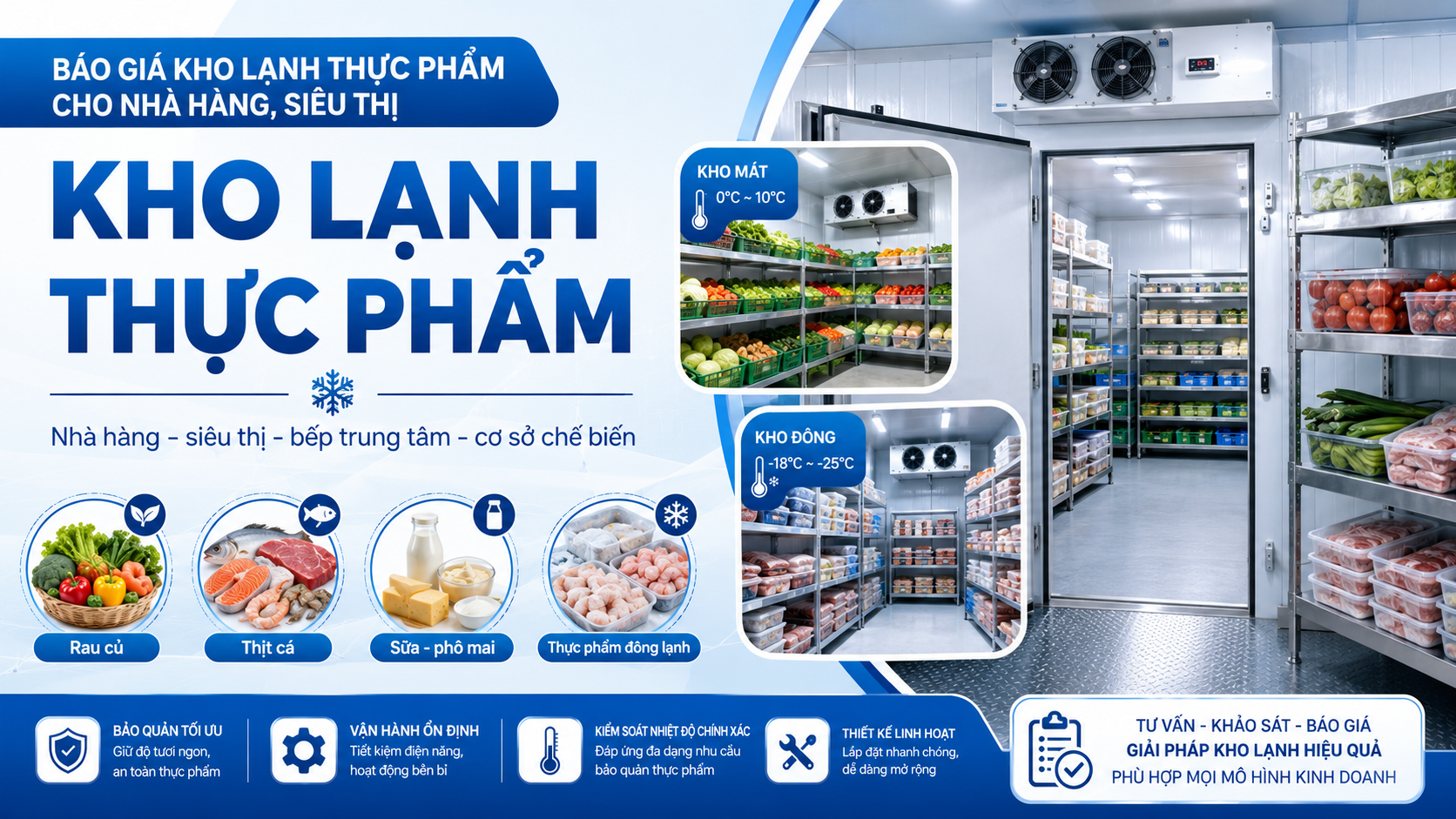 Kho lạnh thực phẩm cho nhà hàng, siêu thị, bếp trung tâm và cơ sở chế biến thực phẩm.
