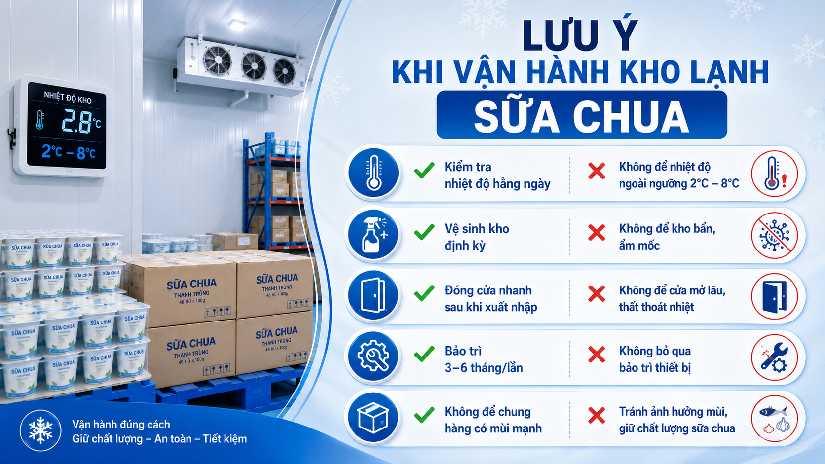 Lưu ý khi vận hành kho lạnh bảo quản sữa chua an toàn và tiết kiệm điện