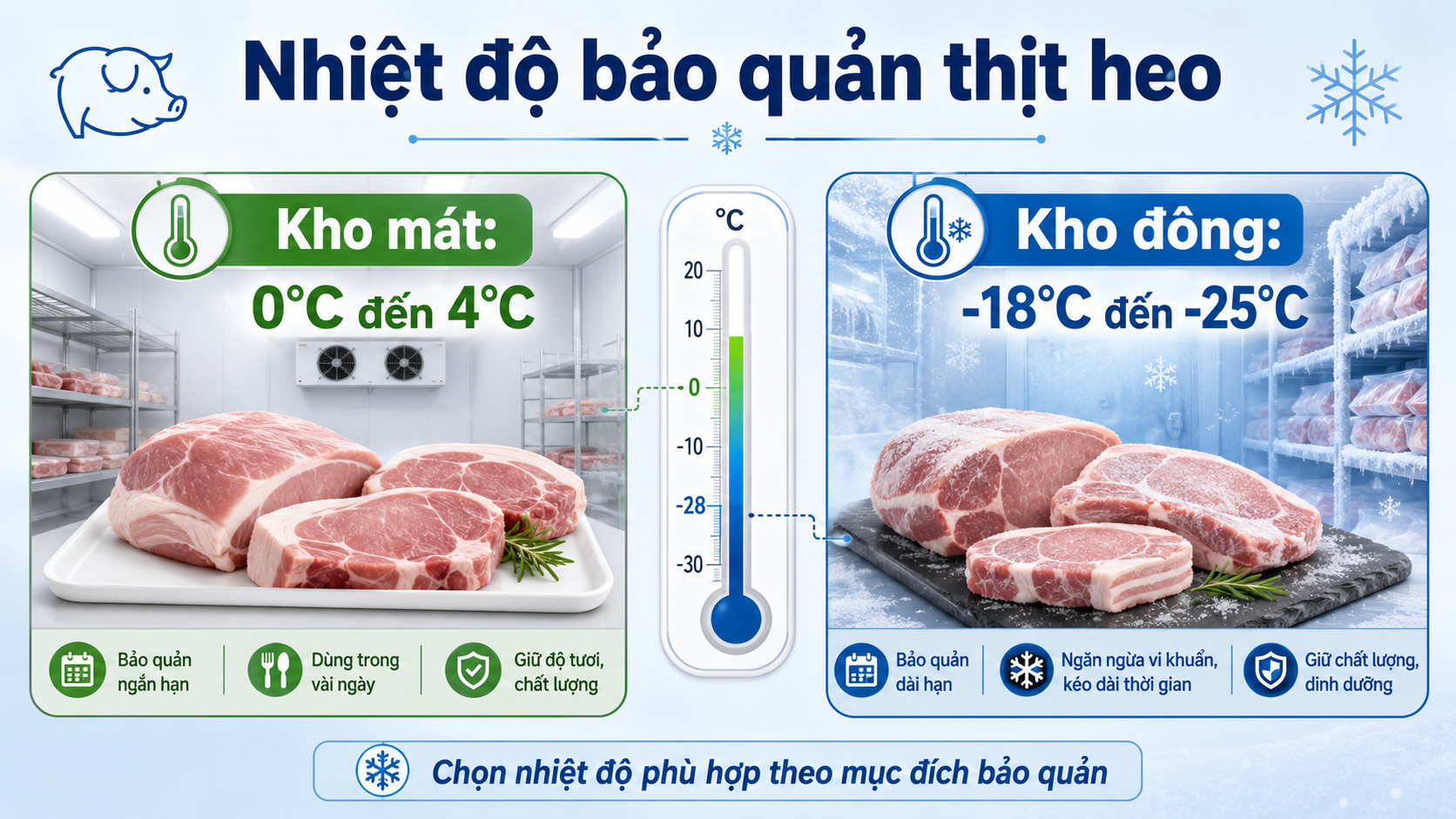 Nhiệt độ bảo quản thịt heo trong kho mát 0 đến 4 độ C và kho đông âm 18 đến âm 25 độ C