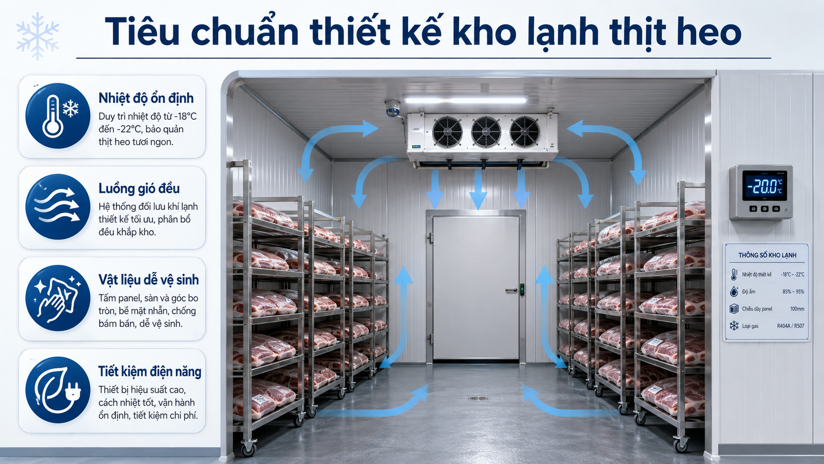 Tiêu chuẩn thiết kế kho lạnh thịt heo với nhiệt độ ổn định, luồng gió đều và vật liệu dễ vệ sinh