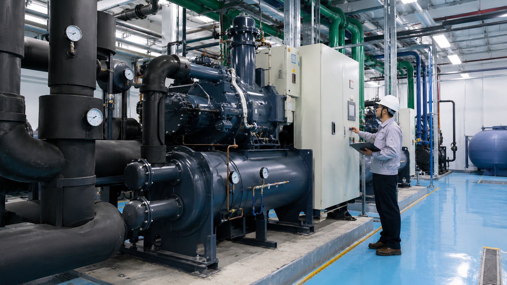 Kỹ thuật viên kiểm tra hệ thống chiller công nghiệp trong phòng máy nhà xưởng với cụm chiller, đường ống và tủ điều khiển.
