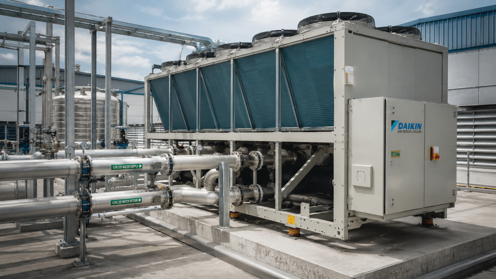 Kỹ thuật viên thi công và kiểm tra hệ thống chiller công nghiệp trong nhà máy với cụm chiller, đường ống và tủ điều khiển.