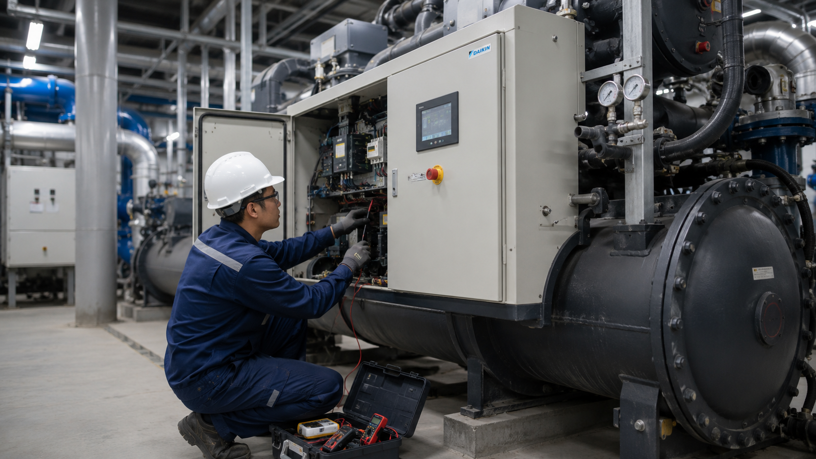 Kỹ thuật viên kiểm tra và sửa chữa chiller công nghiệp trong phòng máy nhà xưởng với cụm chiller, tủ điện và đường ống.