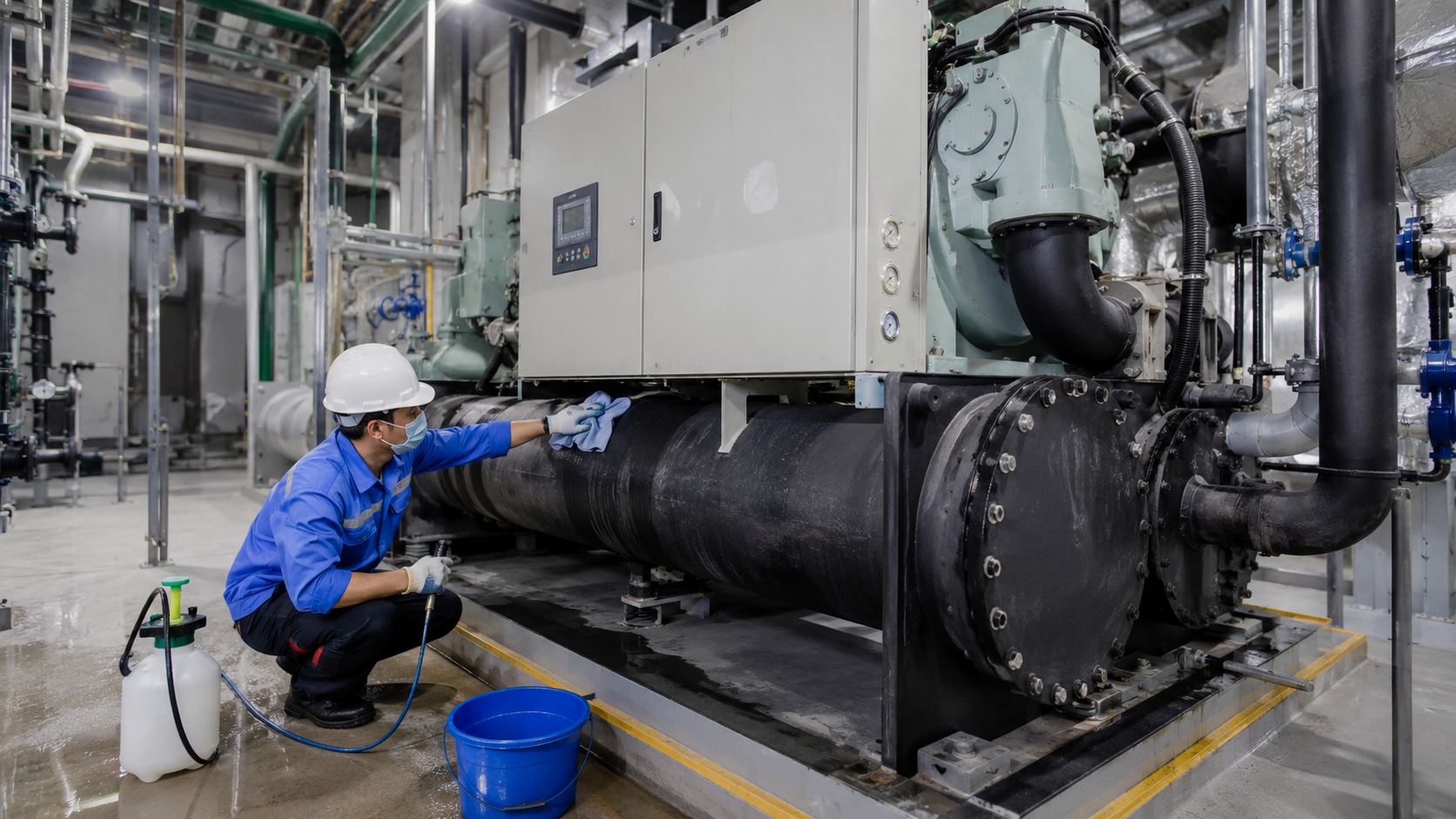 Kỹ thuật viên vệ sinh chiller công nghiệp trong phòng máy nhà xưởng, làm sạch cụm chiller, đường ống và khu vực thiết bị.