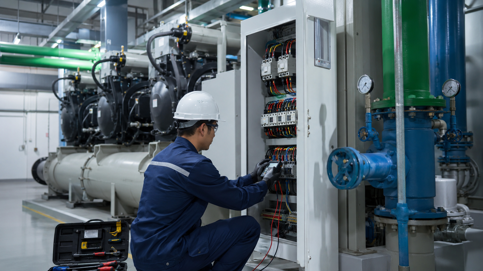 Kỹ thuật viên bảo trì hệ thống chiller công nghiệp trong phòng máy nhà xưởng, kiểm tra tủ điện, đường ống và cụm chiller.