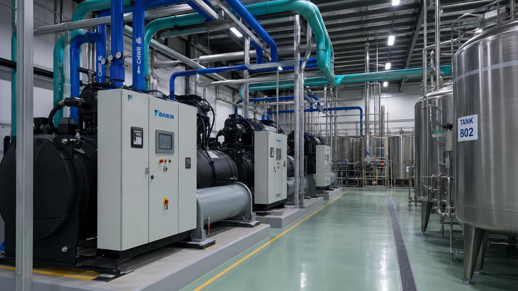 Hệ thống chiller trong nhà máy thực phẩm và đồ uống với đường ống nước lạnh, bồn chứa inox và khu kỹ thuật làm lạnh công nghiệp.