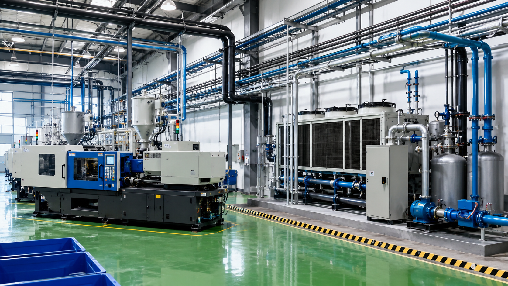 Hệ thống chiller trong nhà máy nhựa với máy ép nhựa, đường ống nước lạnh và khu kỹ thuật làm mát công nghiệp.
