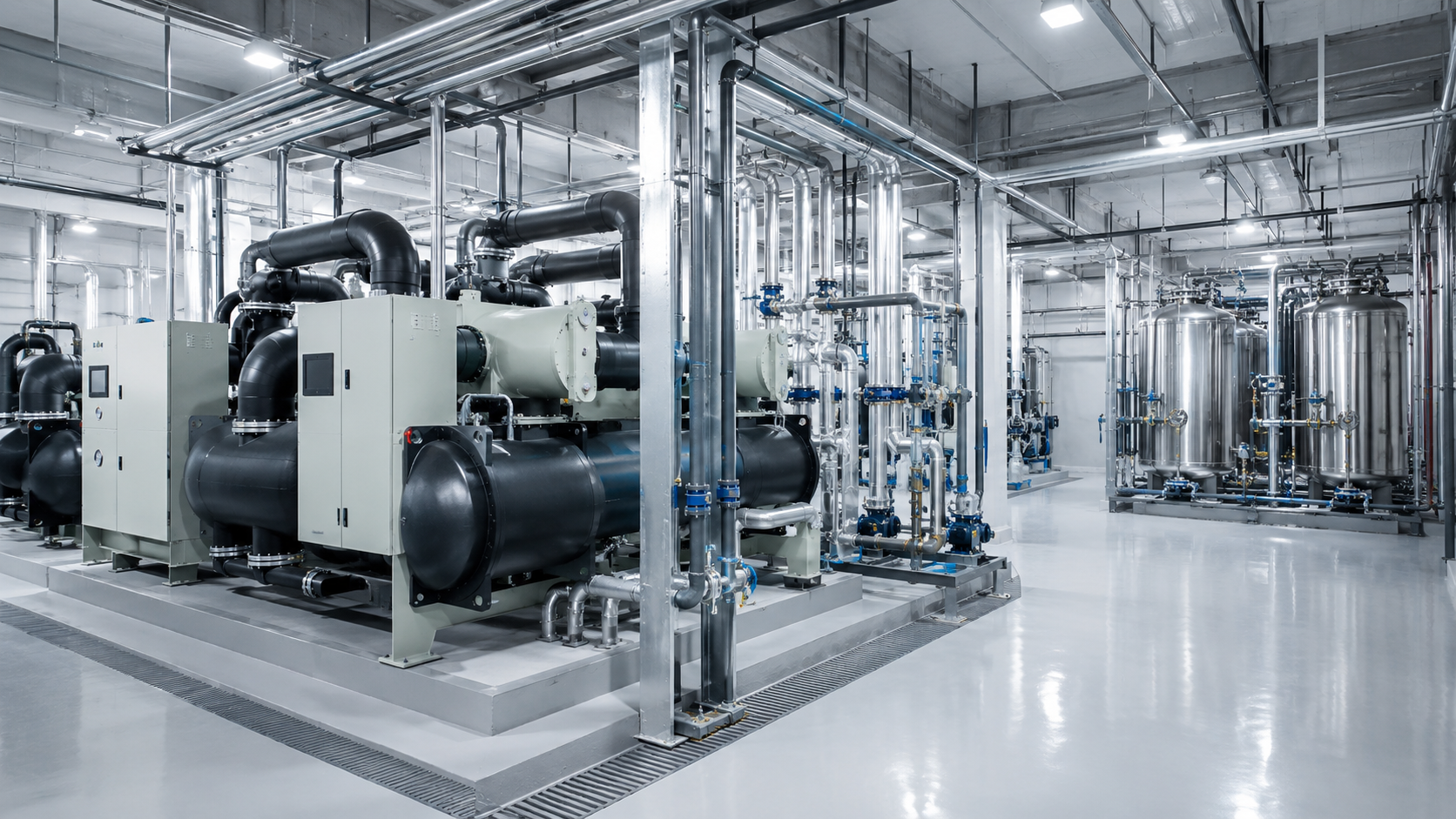 Hệ thống chiller trong nhà máy dược phẩm, mỹ phẩm và sinh phẩm với phòng máy sạch, đường ống nước lạnh và thiết bị làm lạnh trung tâm.