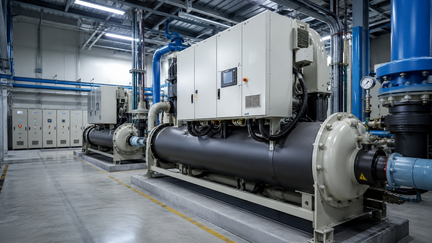 Hệ thống chiller inverter công nghiệp trong phòng kỹ thuật nhà xưởng, dùng để tạo nước lạnh ổn định cho HVAC, máy móc và dây chuyền sản xuất.