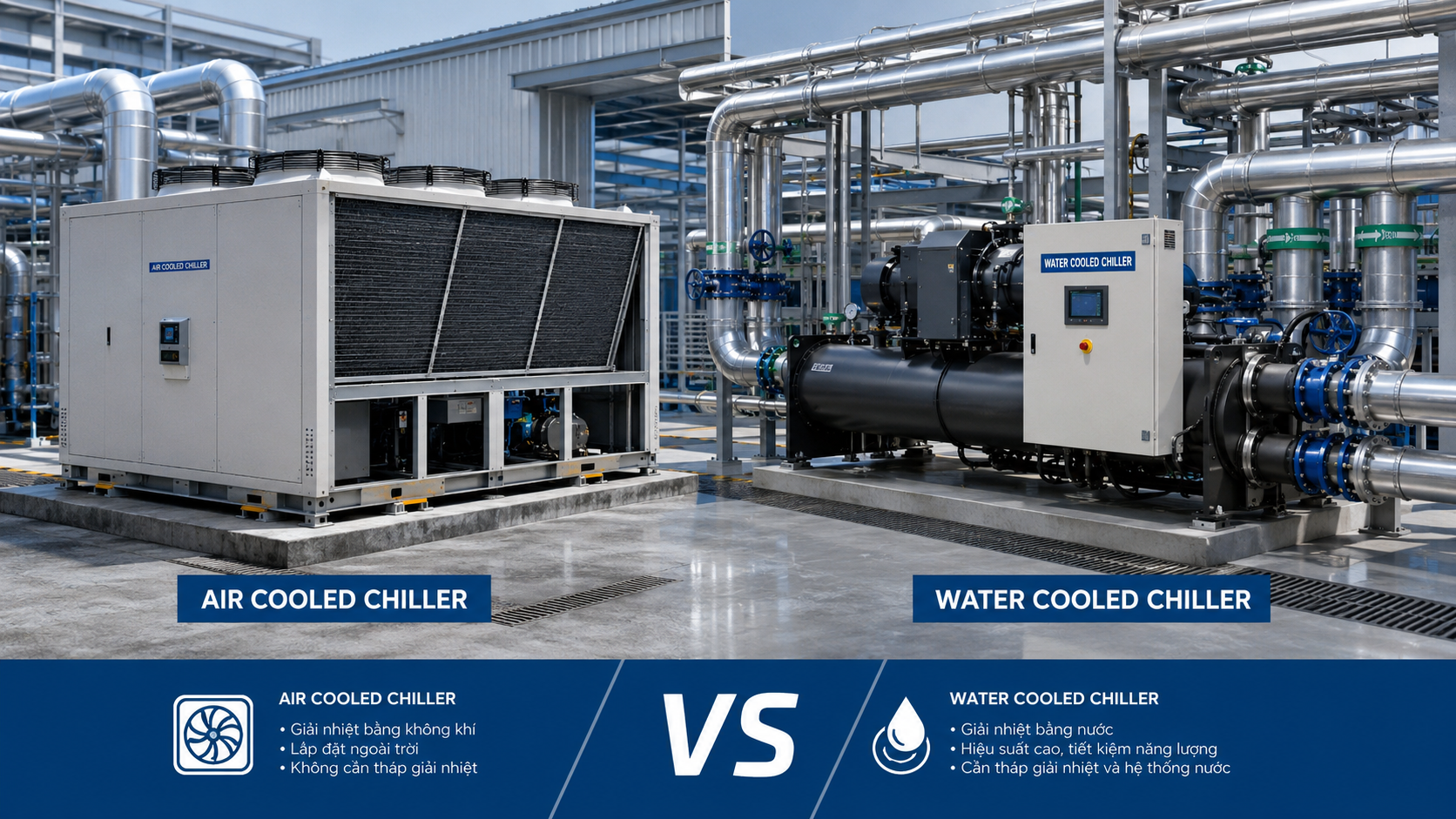 So sánh air cooled chiller và water cooled chiller trong nhà máy công nghiệp theo cách giải nhiệt, hệ phụ trợ và ứng dụng thực tế.